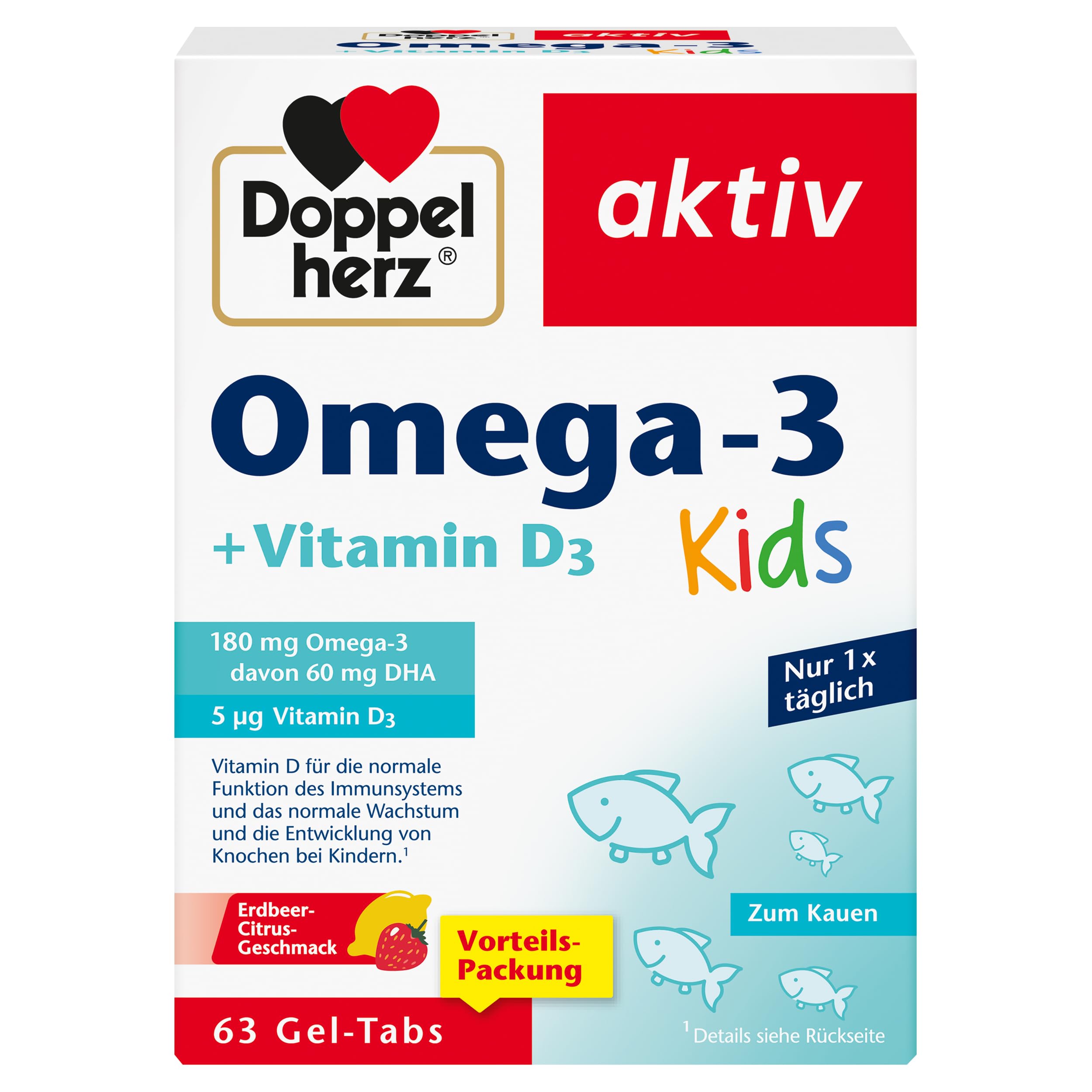 Doppelherz Omega-3 + D3 Kids - Vitamin D wird für ein gesundes Wachstum & eine gesunde Entwicklung der Knochen bei Kindern benötigt - 63 Gel-Tabs