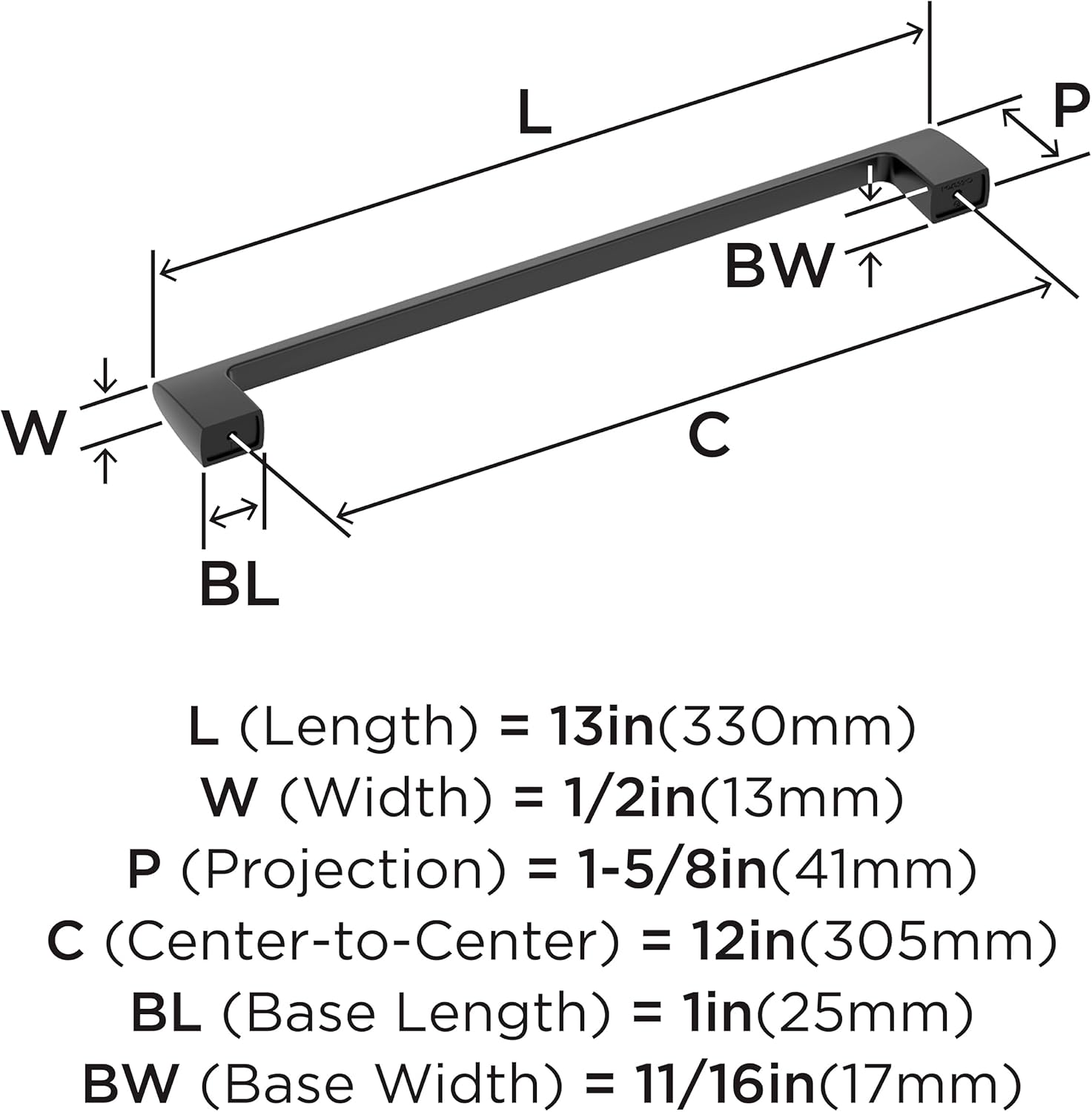 Amerock Riva 12 inch (305mm) Center-to-Center Matte Black Appliance Pull, BP55370MB