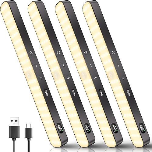 Miniatura 1 de Ferswe Luces de armario recargables, pantalla de nivel de batería, luces regulables, luz con sensor de movimiento de 3000 K para interiores, 60