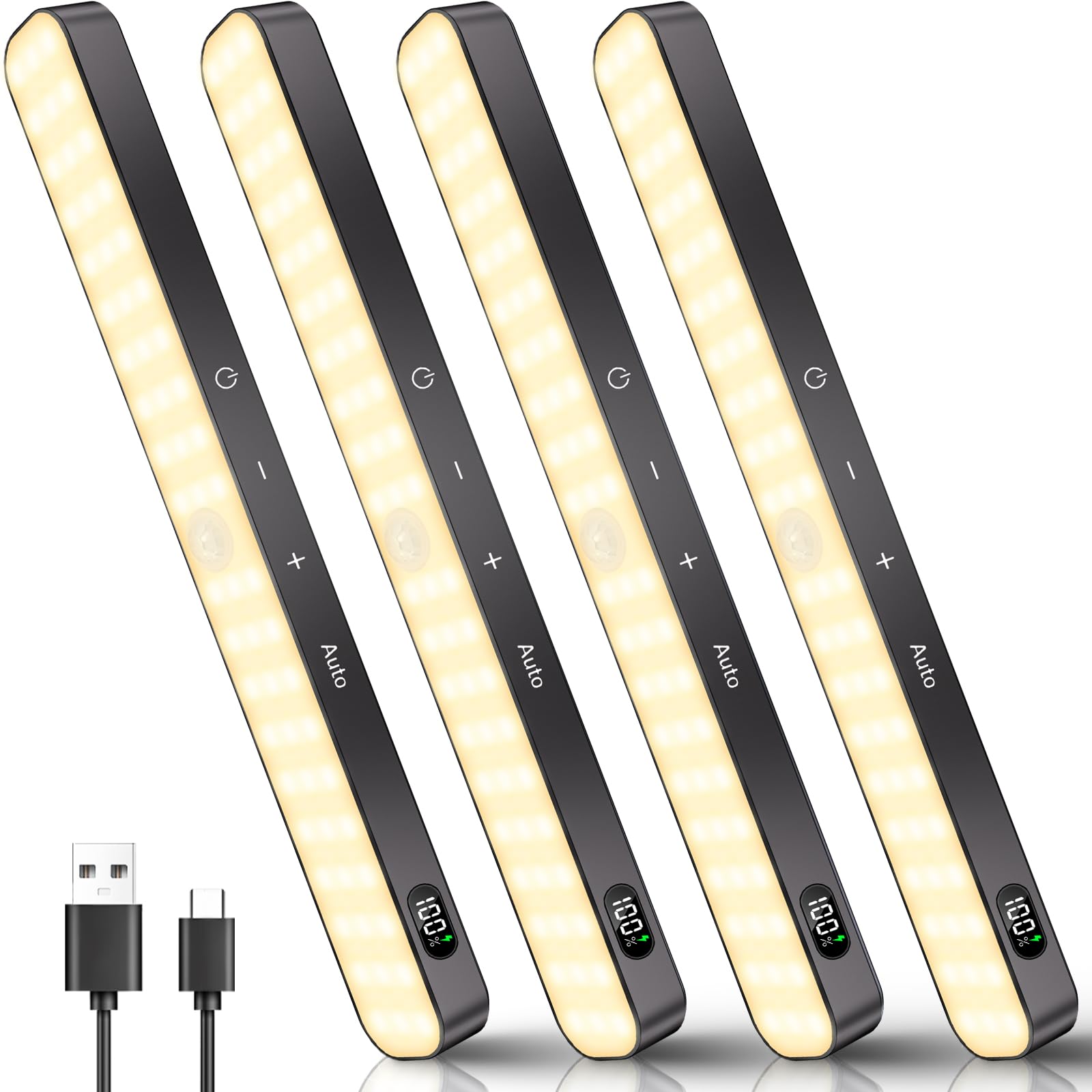 Ferswe Schrankbeleuchtung Led mit Bewegungsmelder, Anzeige des Batteriestands, 4 Stück Unterbauleuchte Küche Led, USB Wiederaufladbar Schranklicht, Kleiderschrank Licht mit Bewegungsmelder, 3000K