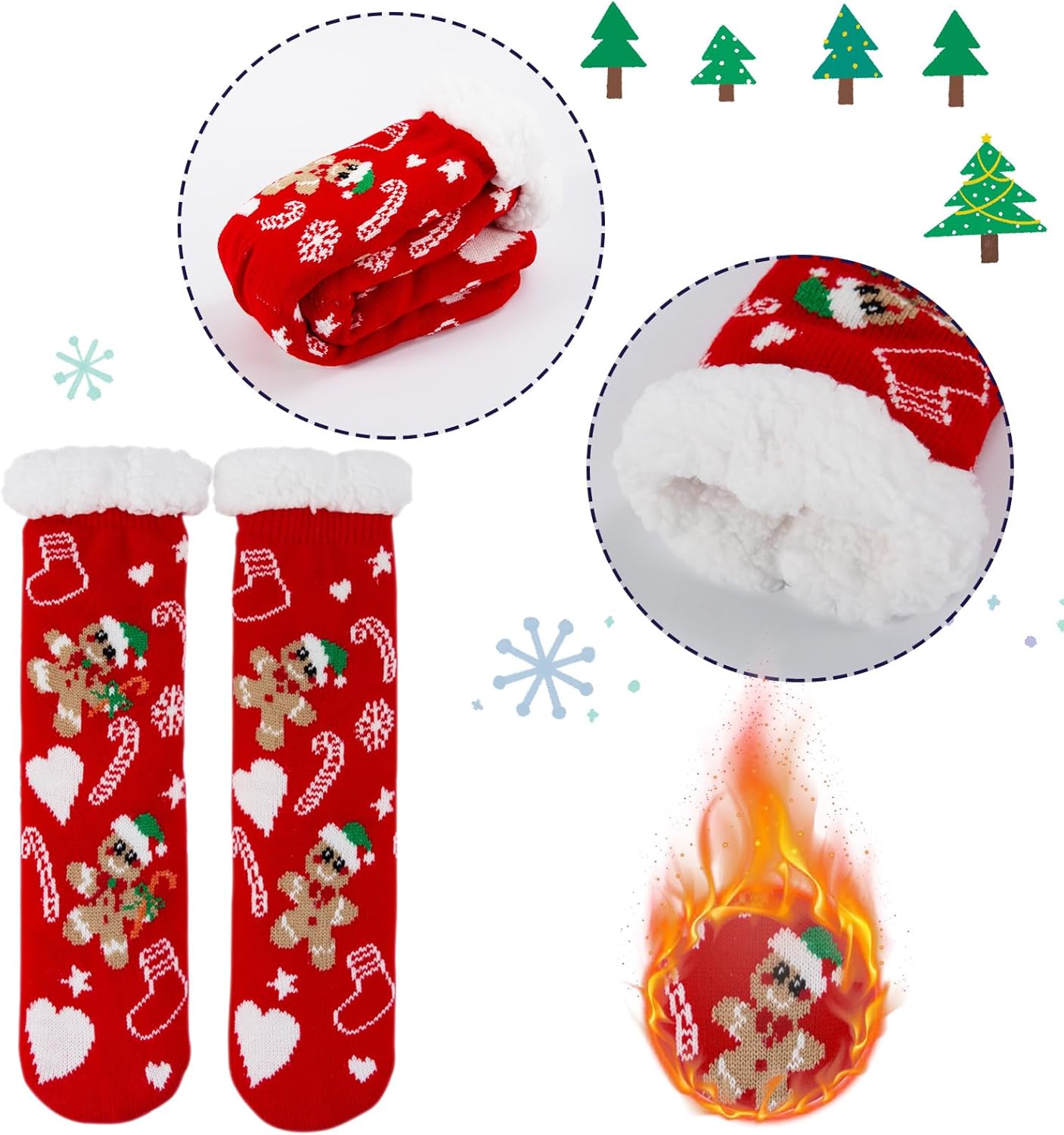 Cozy Christmas Slipper Socks for Women, Red Fuzzy Non-Slip Winter Socks with Xmas Gingerbread Design, Plush Lined Holiday Grip Footwear,Cute Christmas Socks - Image 5