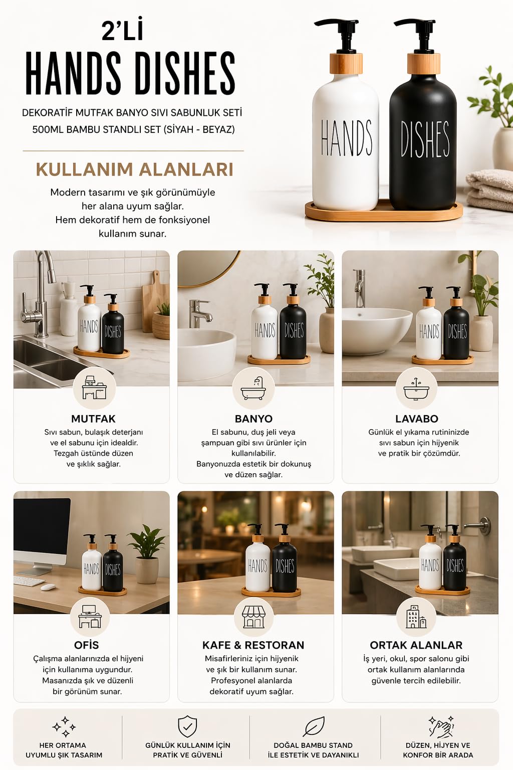 2’li Hands Dishes Siyah Beyaz Cam Sıvı Sabunluk Seti 500 ml, Bambu Standlı Dekoratif Mutfak & Banyo Sabunluk Dispenser Seti Şık Modern Tasarım