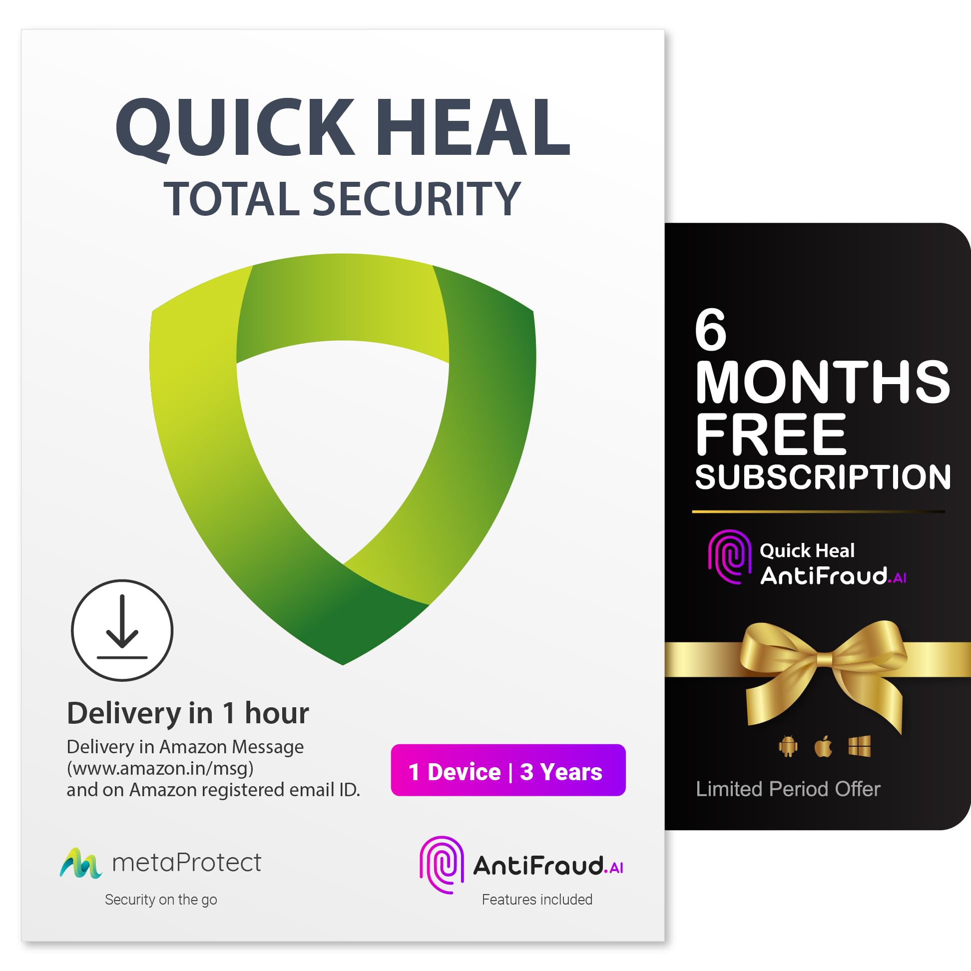 Quick Heal | Total Security | 1 User | 3 Years | AI Based Device Security for PC | Banking Protection | Parental Control| (Email Delivery in 1 Hour- No CD) + Get 6 month AntiFraud.AI Key for IOS and Android