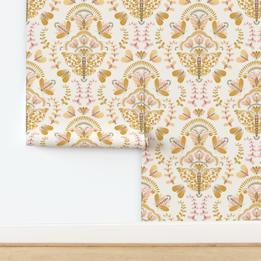 Peel & Stick Wallpaper 3ft x 2ft - Gold Butterfly Light Pink Whimsical Damask Feminine Floral Garden Custom Removable Wallpaper by Spoonflower