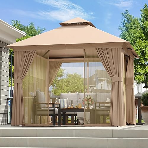 Miniatura 19 de Aoxun Gazebo para exteriores para patio de 10 x 12 pulgadas, toldo con marco de metal con techo doble, tienda de campaña resistente y refugio con