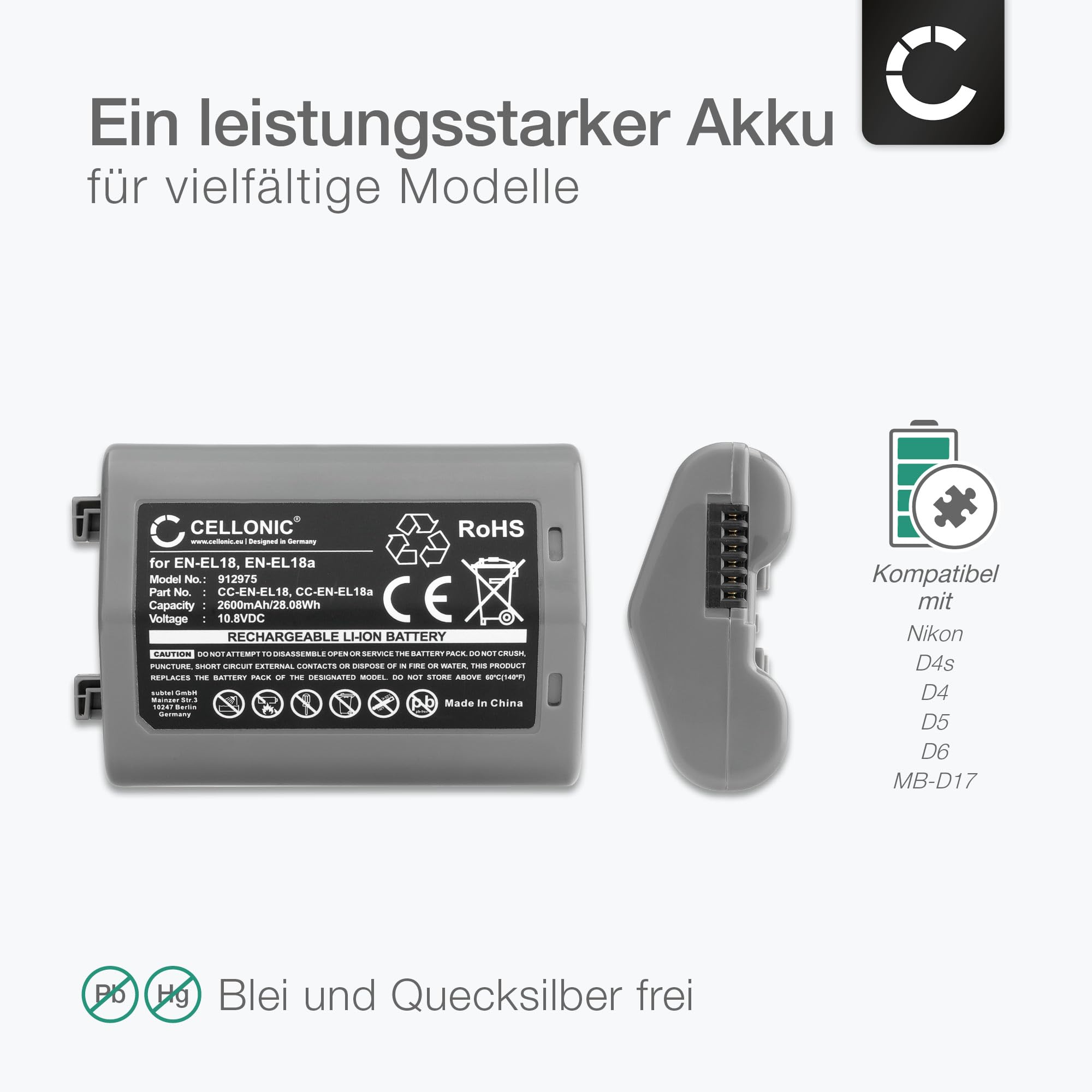 subtel 2X Akku kompatibel mit Nikon D4, D4s, EN-EL18 | 2x, (2600mAh-10.8V-Lithium-Ionen), Kamera Akku, für Nikon MB-D17, EN-EL18, EN-EL18c, EN-EL18a, D4, EN-EL18b, D800E, D6, D4s