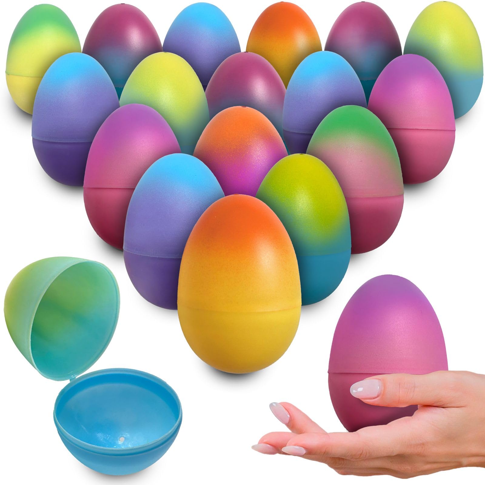 Stargo 32 Pack 3.2” Large Colorful Ombre Easter Eggs Empty - with hinges, Bright Pastel Colored, Plastic Easter Eggs Fillable, Eggs for Easter Egg Hunts, Ombre Pastel Colors Party Favor, Surprise Eggs