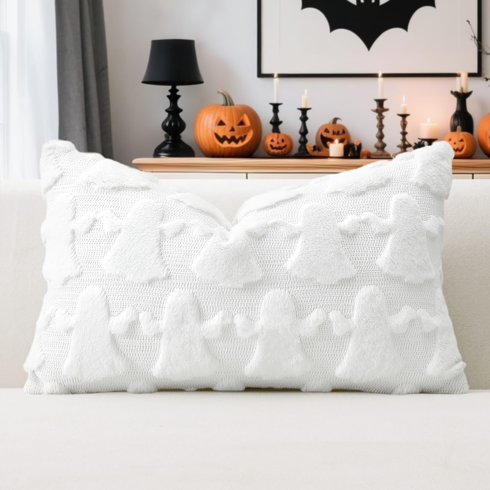 Artscope Set of 1 Ghost Cushion Cover Halloween Throw Pillow Covers for Sofa Couch Bed Living Room Soft Plush Short Wool Velvet Farmhouse Pillowcase for Thanksgiving 40x60cm White