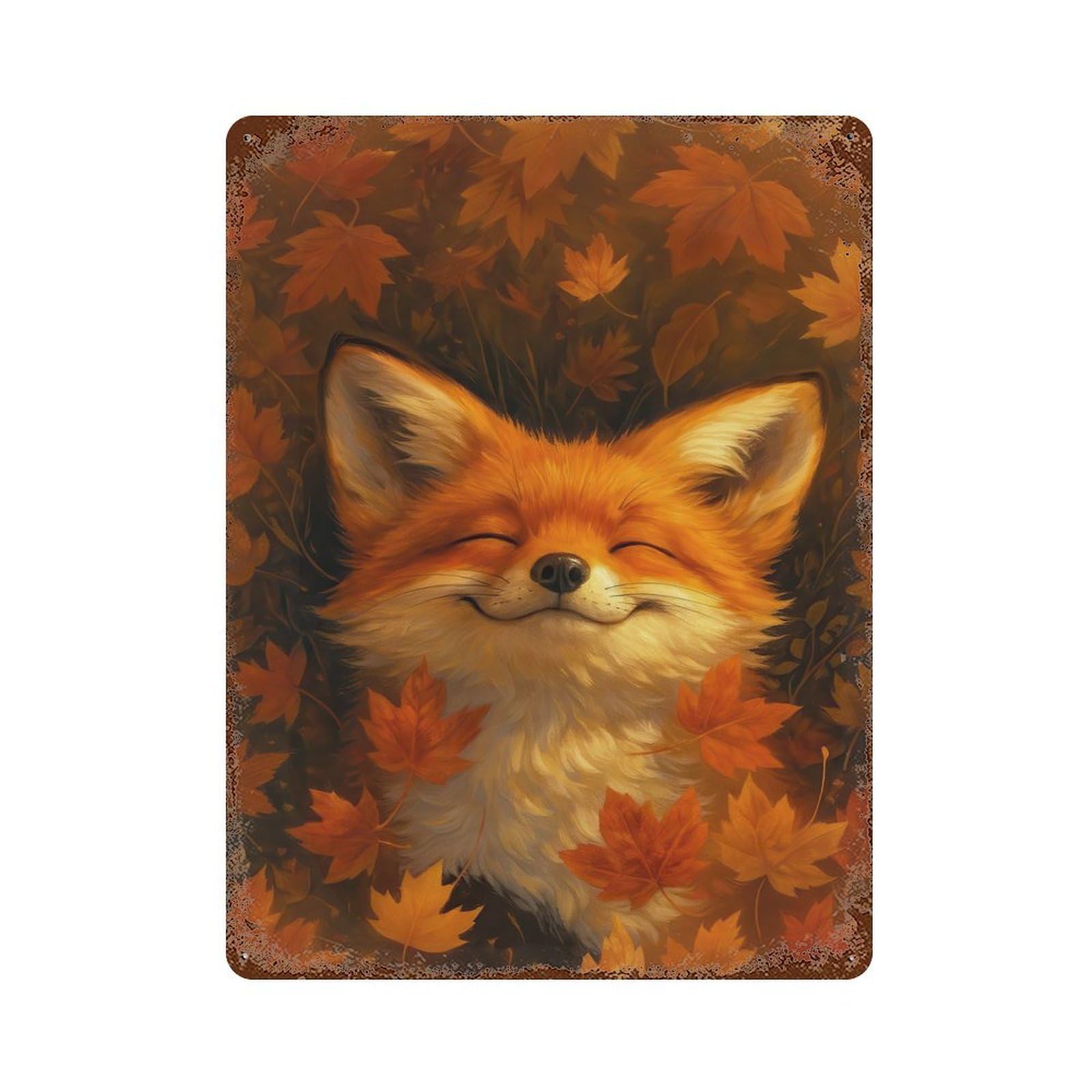 Smiling Fox in Autumn Leaves Vintage Metal Tin Sign 15.7"x11.8", Novelty Wall Decor for Garage, Pub Or Kitchen