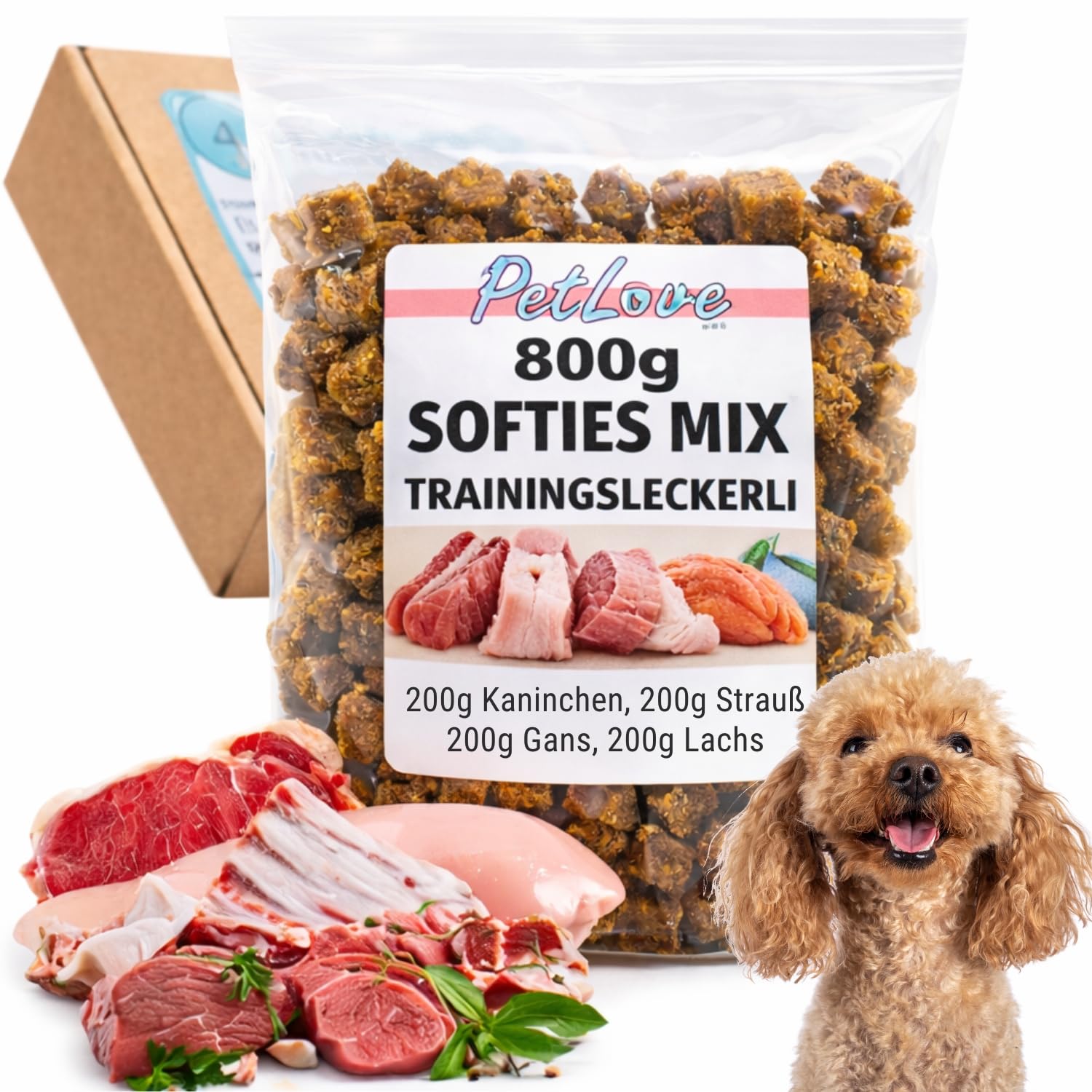 PetLove Softies de Carne para Perros • Premios para Perros sin Cereales • 63% Contenido de Carne • Premios caninos para Entrenamiento • Mix (Ganso, salmón, Conejo, Avestruz) 24x200g