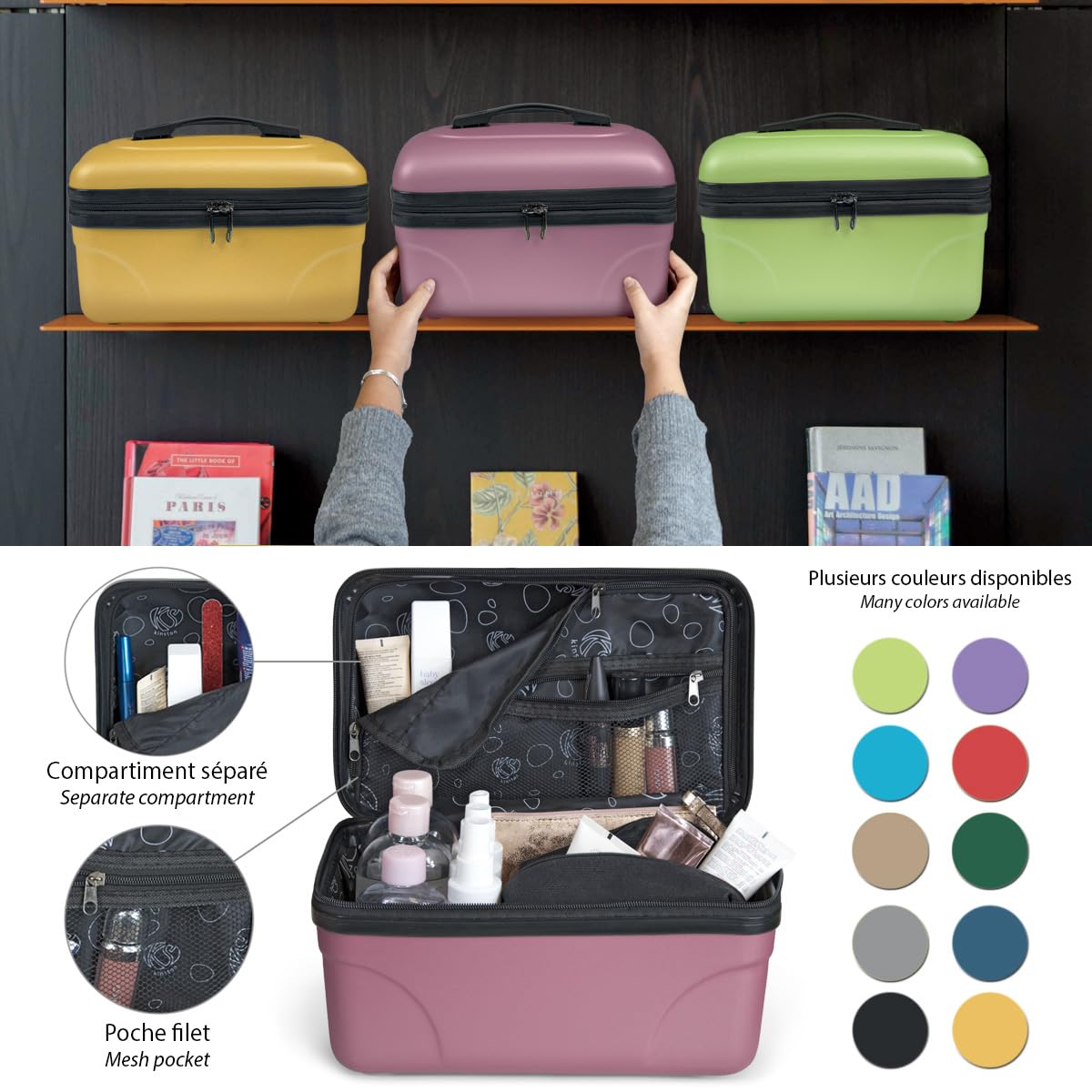 KINSTON Vanity Cosmetici Trousse di Toilette, Rigido con Maniglia, Organizzatore di Viaggio, Scatola di Immagazzinaggio - Grande Capacità (Rosa/Grande Modello)