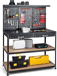 COSTWAY 121 x 61 x 156 cm Workbench with Pegboard, Metal Garage Work Bench with 2 Drawers & 25 Hanging Accessories, Heavy Duty Tool Storage Workstation Unit for Workshop Warehouse, 435kg Capacity