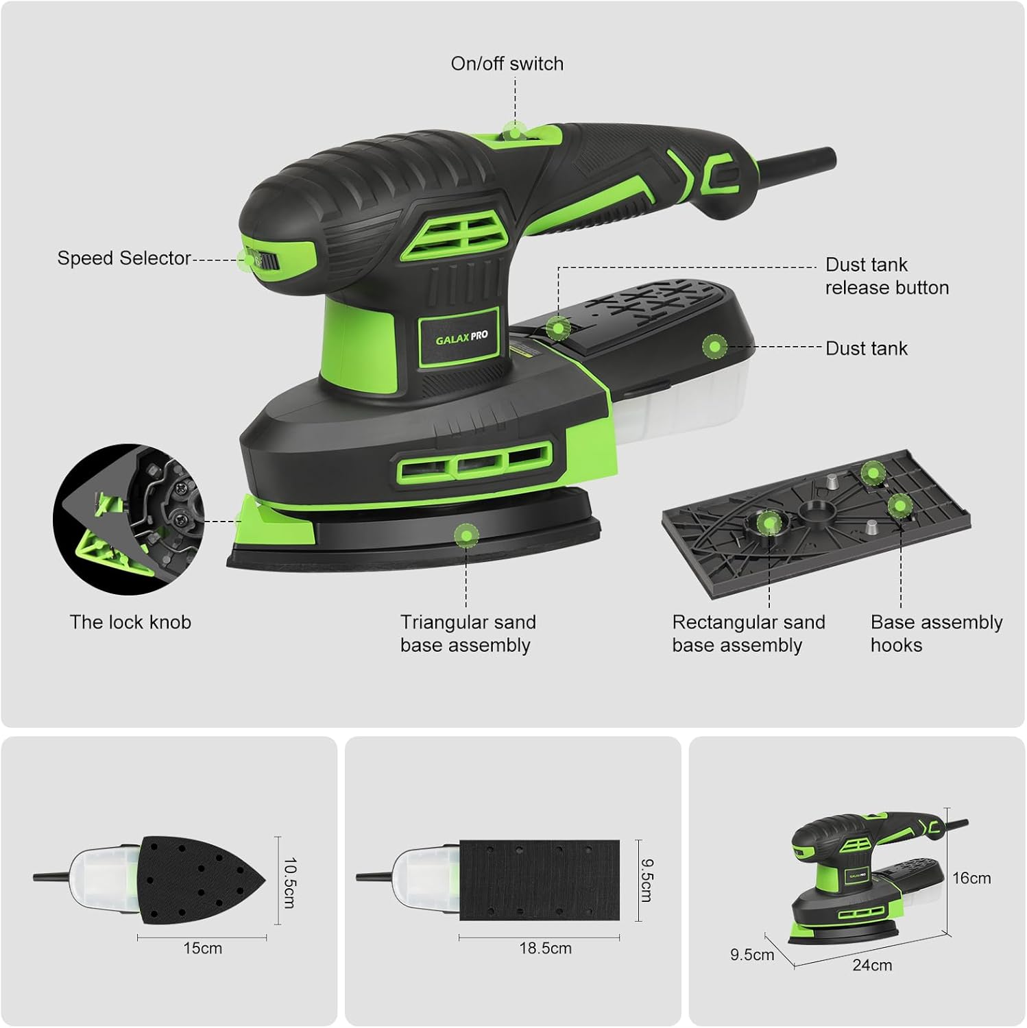 GALAX PRO 250W 2-in-1 Sheet Sanders/Detail Sanders, 6000-12000 RPM 6 Variable Speed Multi-Function Sander with Dust Box, Electric Sander for Sanding Metal and Polishing Wood, Includes 12 Sandpaper