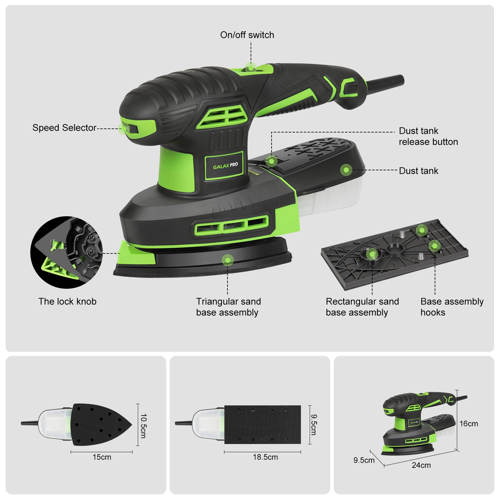 GALAX PRO Ponceuse à feuilles 2 en 1 250 W - 6000-12000 tr/min - 6 vitesses variables - Multifonction - Avec boîte à poussière - Ponceuse électrique pour ponçage du métal et du bois - Avec 12 papiers