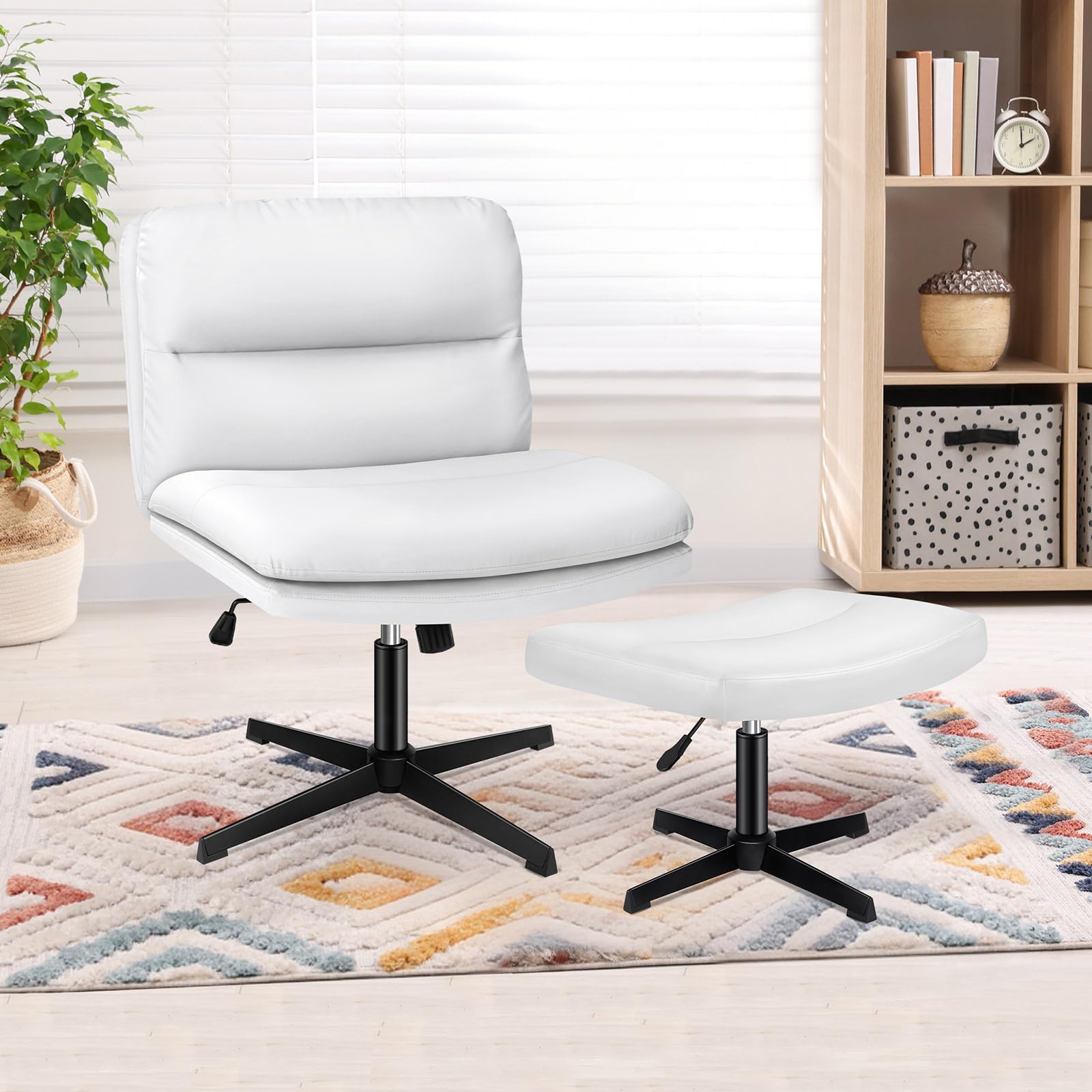 ELFORDSON Armless Office Chair with Ottoman, Wide Seat Criss Cross-legged Desk Chairs No Wheels, Mid-back Vanity Chair for Home Office, Height Adjustable 360° Rotatable, PU Leather, White