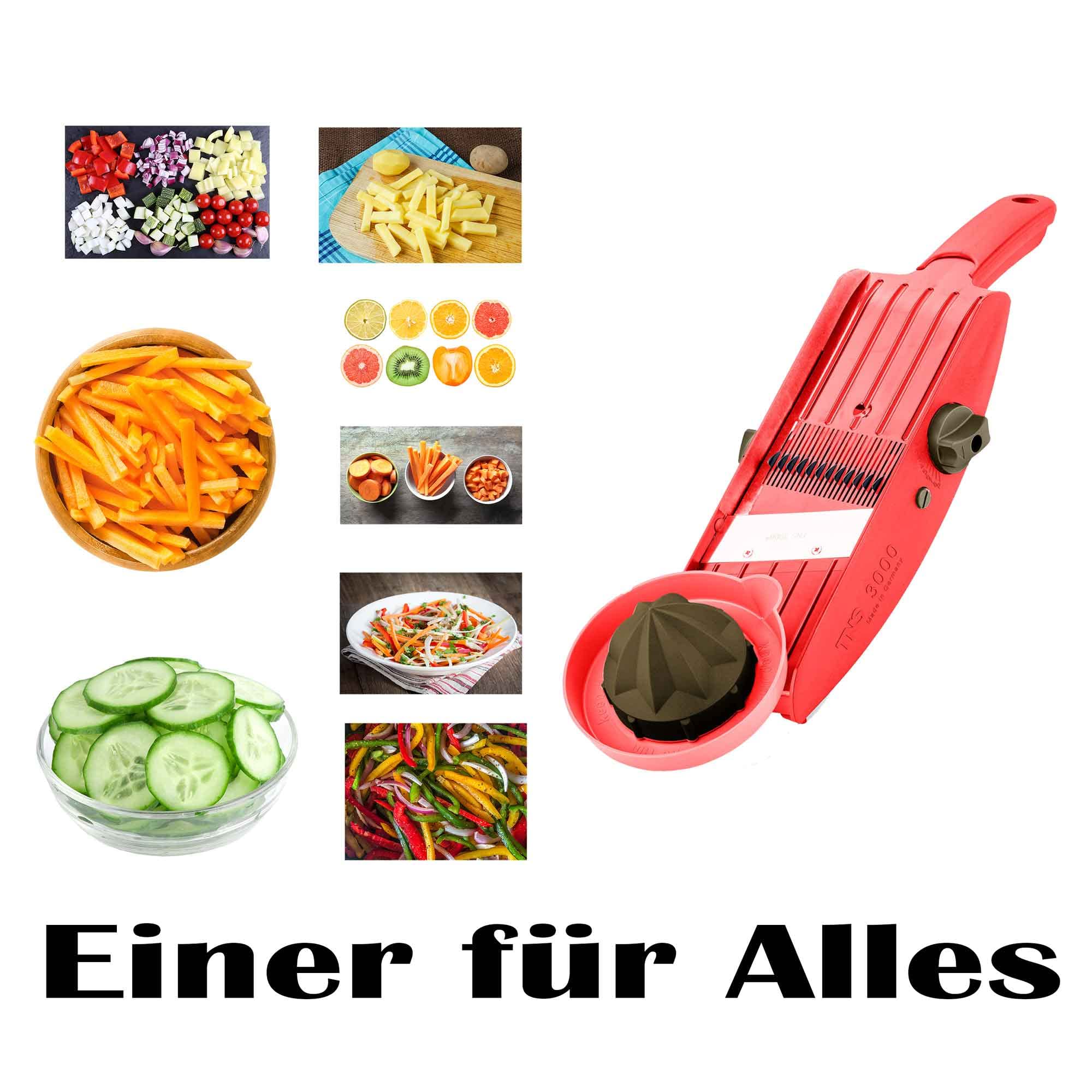 GEMÜSEHOBEL ROT TNS 3000 Multireibe, Gurkenhobel, Julienne Schneider Einer für Alles Schneidet Stifte oder Würfel, dick oder dünn