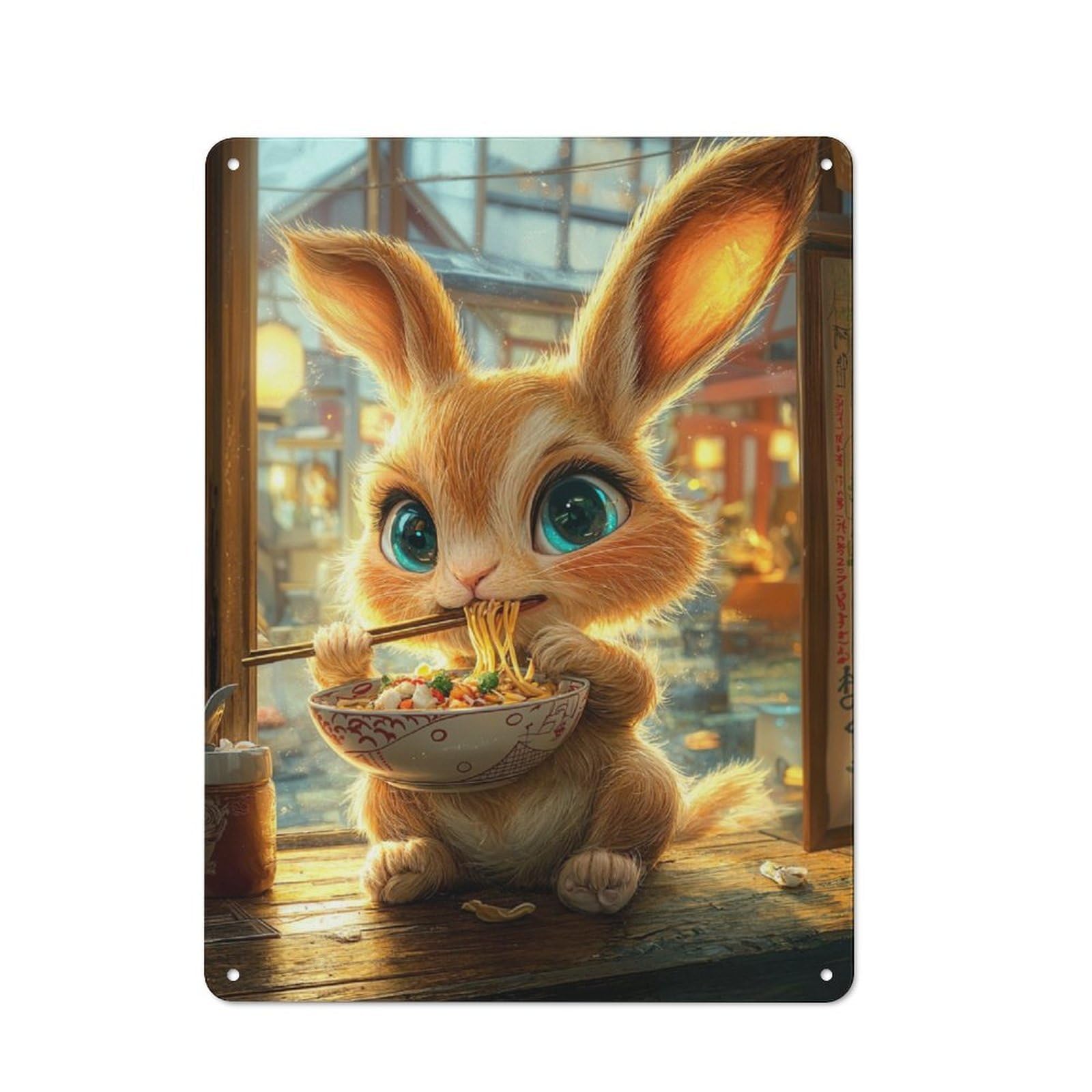 Nostalgic Decorative Tin Plaque 40x30cm Featuring Cute Bunny Eating Ramen, Classic Pub Decor for Cafe, Pub, Workshop Or Home Bar