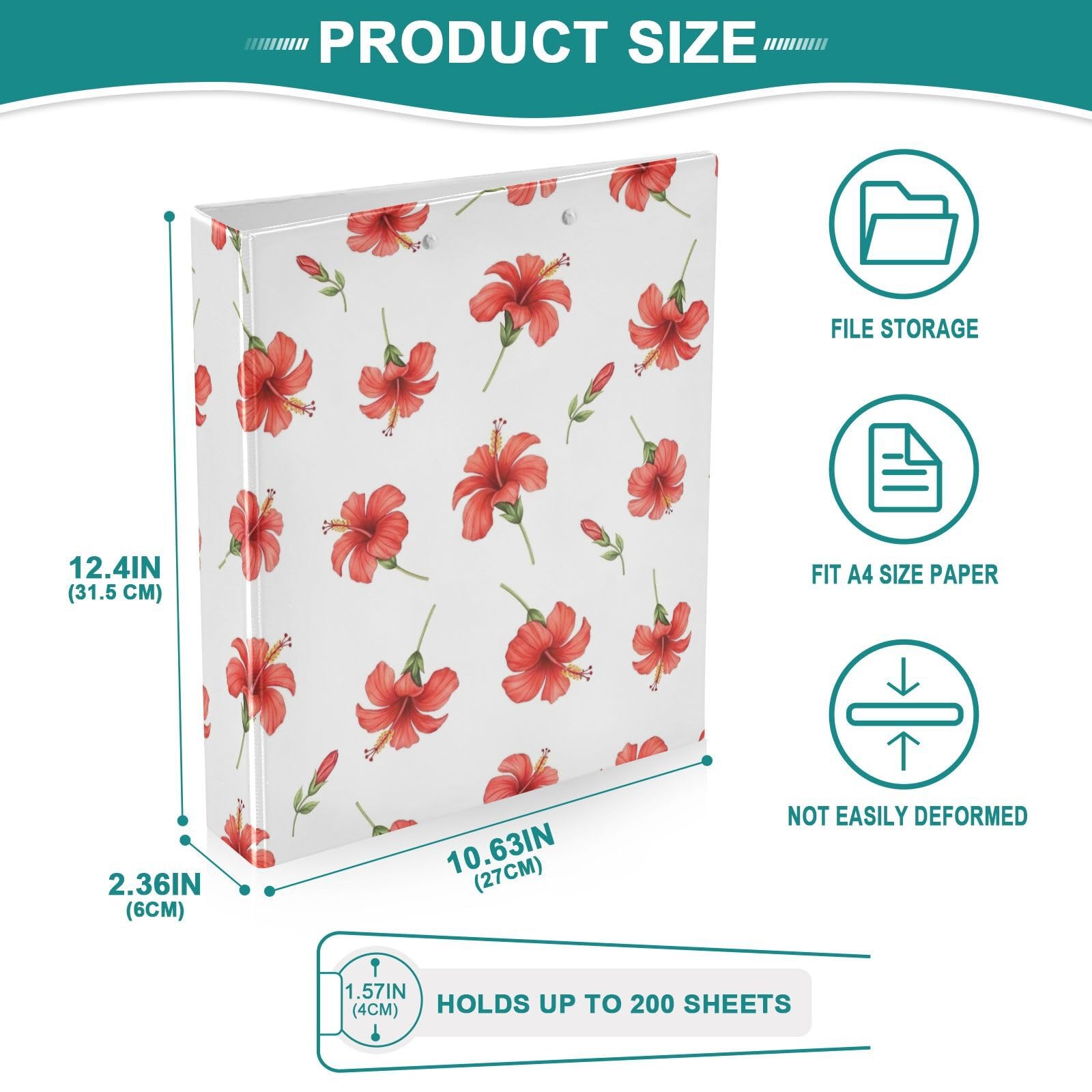 Raccoglitore a 3 anelli, confezione da 2 raccoglitori ad anelli a D con tasche grandi, motivo fiori di ibisco rosso, verde e bianco, per scuola, università, ufficio