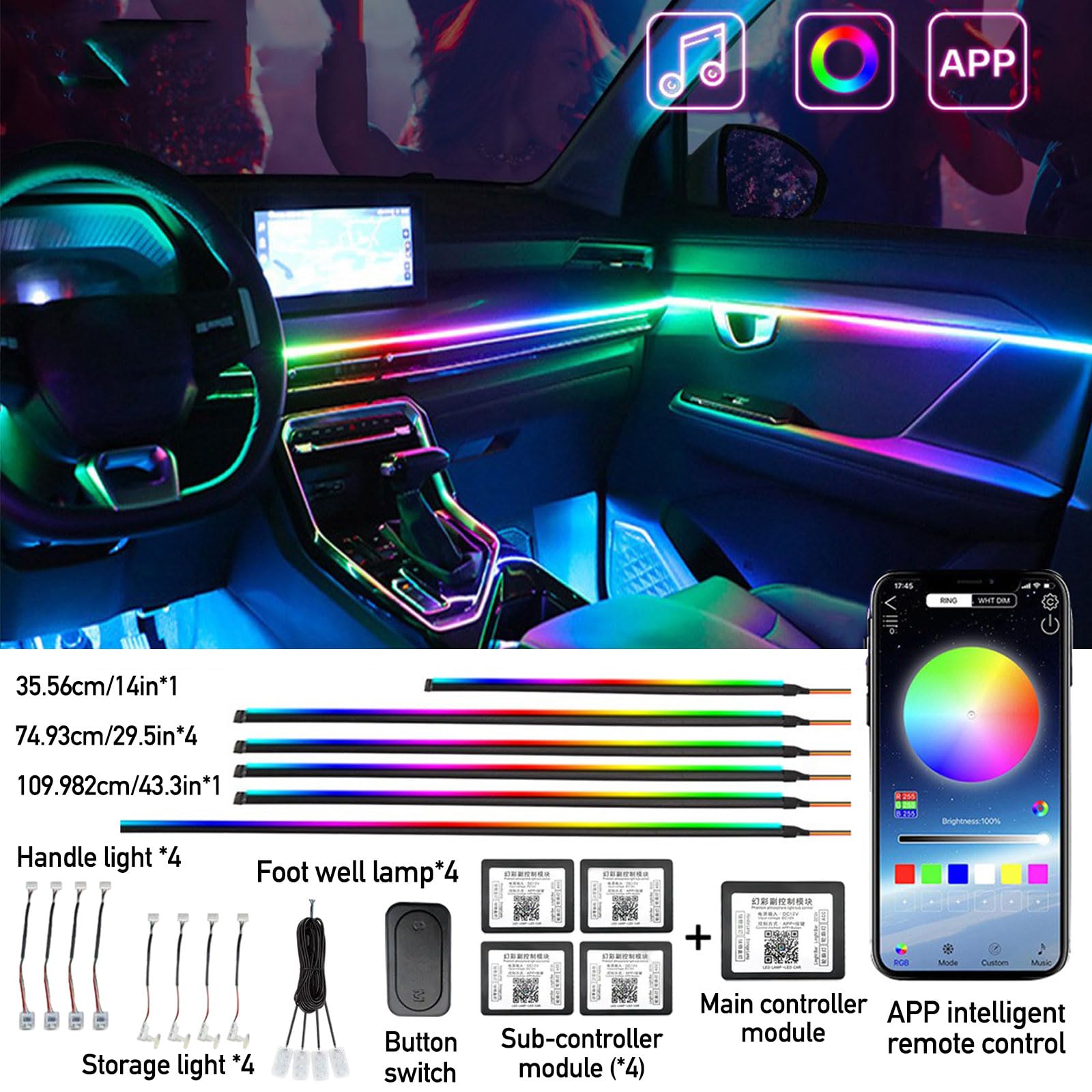 Oświetlenie wewnętrzne LED do samochodu, akrylowy pasek oświetlenia ambientowego do samochodu z 593 diodami LED, zestawy oświetlenia ambientowego Fiber Optic, 16 milionów kolorów, funkcja aktywacji