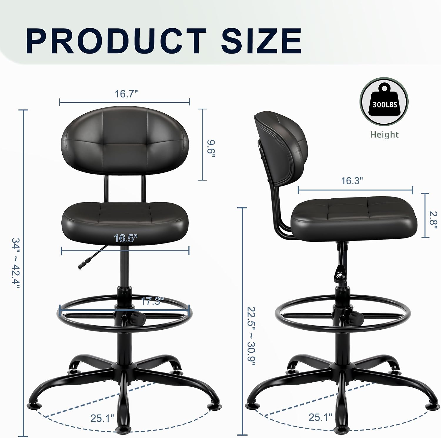 Misolant Armless Drafting Chair, Tall Office Chair no Wheels with Footrest Ring for Standing Desk, Small Faux Leather Executive Vanity Chair with Adjustable Height for Bar Counter Desk Black