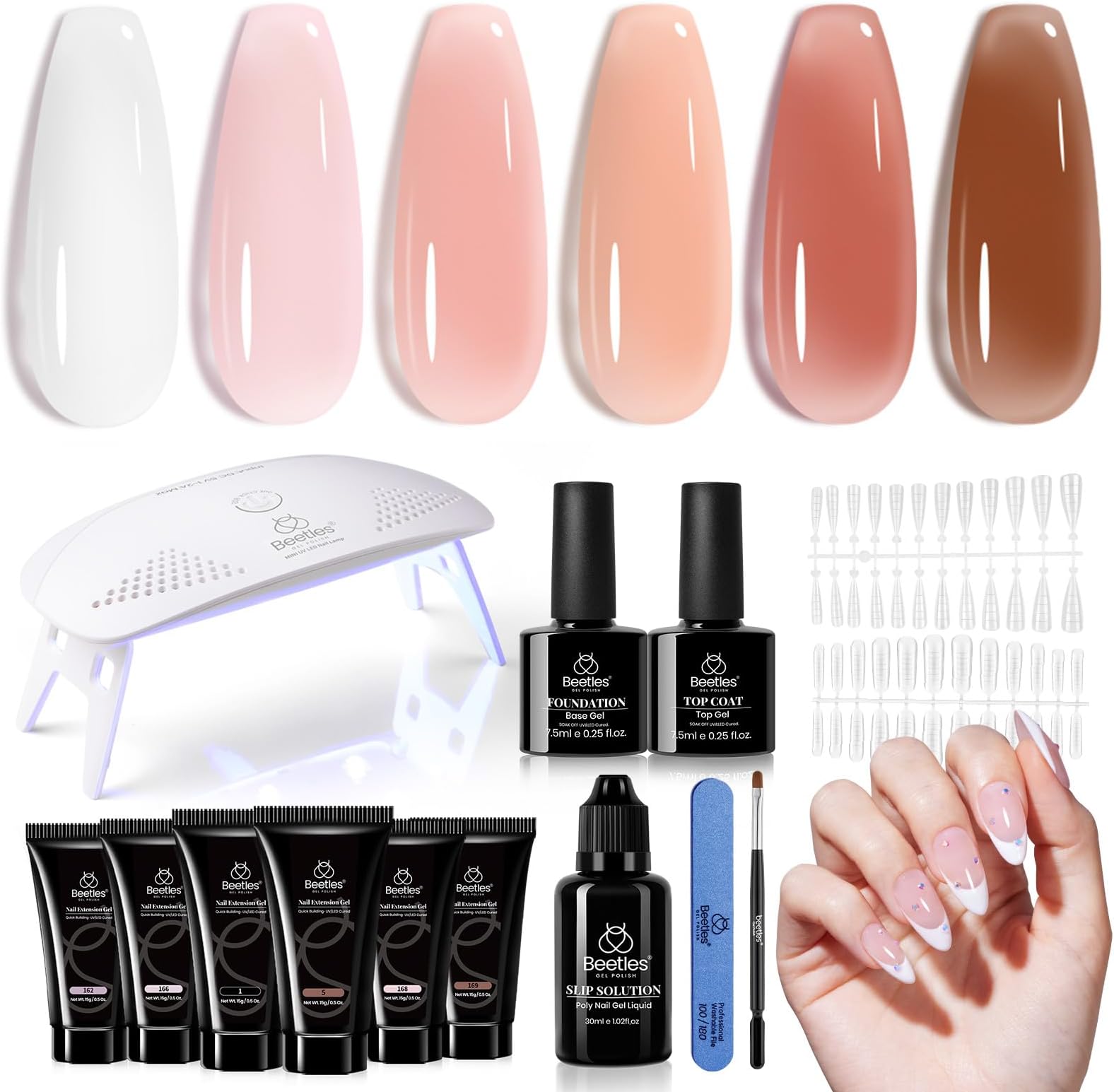 Beetles Poly Nail Gel Kit - 6 Colors Jelly Nude Extension Kit with Slip Solution Builder Nail Enhancement for Beginner & Professional Long Lasting DIY Home Gift for Women, UV & LED Needed