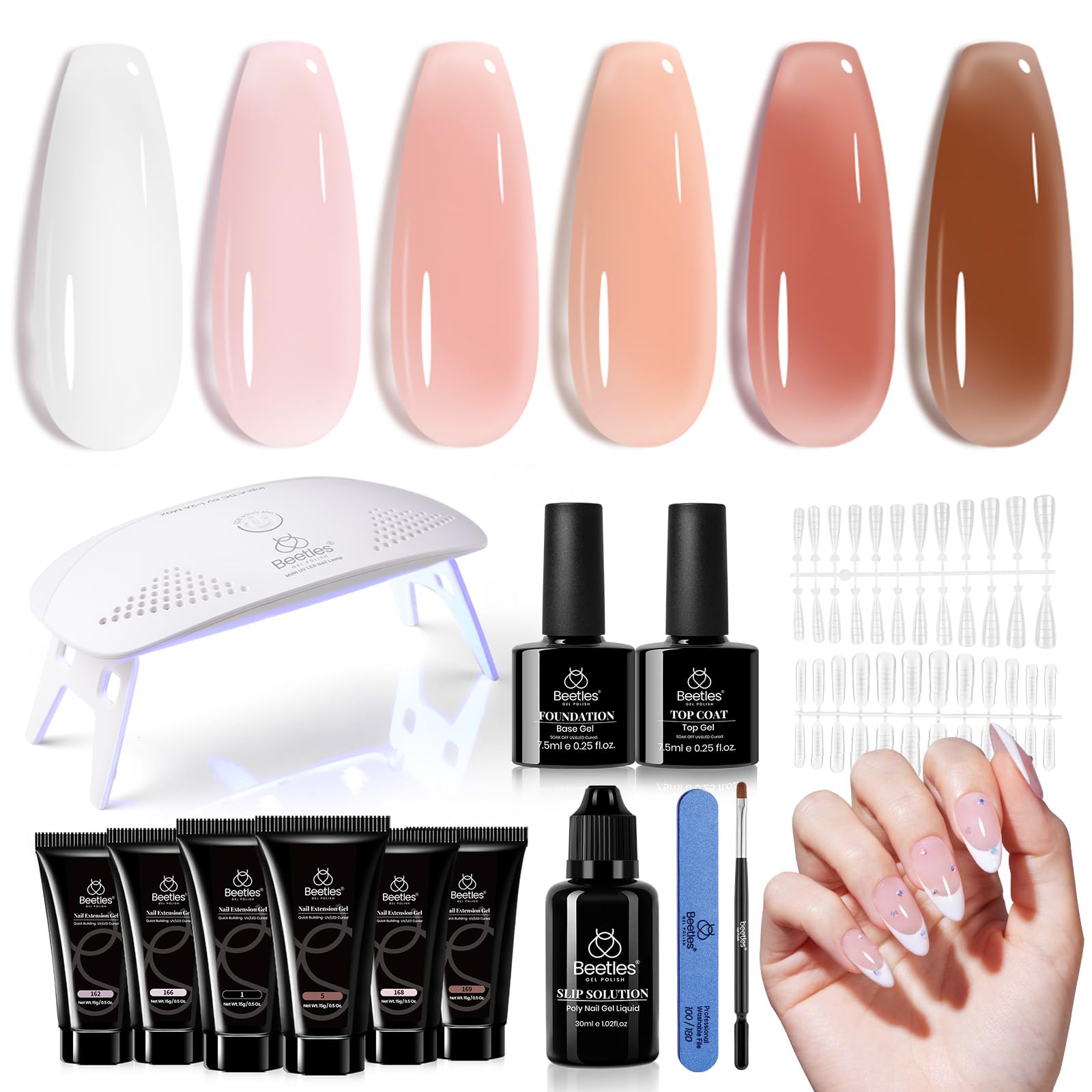 Beetles Poly Nail Gel Kit - 6 Colors Jelly Nude Extension Kit with Slip Solution Builder Nail Enhancement for Beginner & Professional Long Lasting DIY Home Christmas Gift for Women, UV & LED Needed