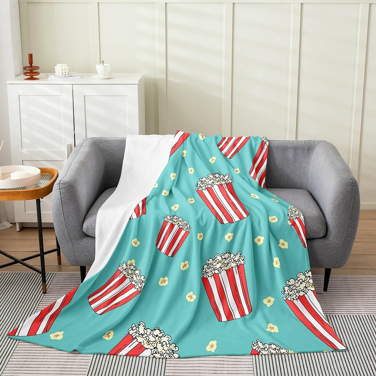 Erosebridal Cinema Blanket 40x50 Inch Popcorn Blue Throw Blanket Cartoon Cute Kawaii Movie Theme Fleece Blanket Film Geometric Theatre Living Room Decor Fun Food Sherpa Blanket for Kids Girls Boys