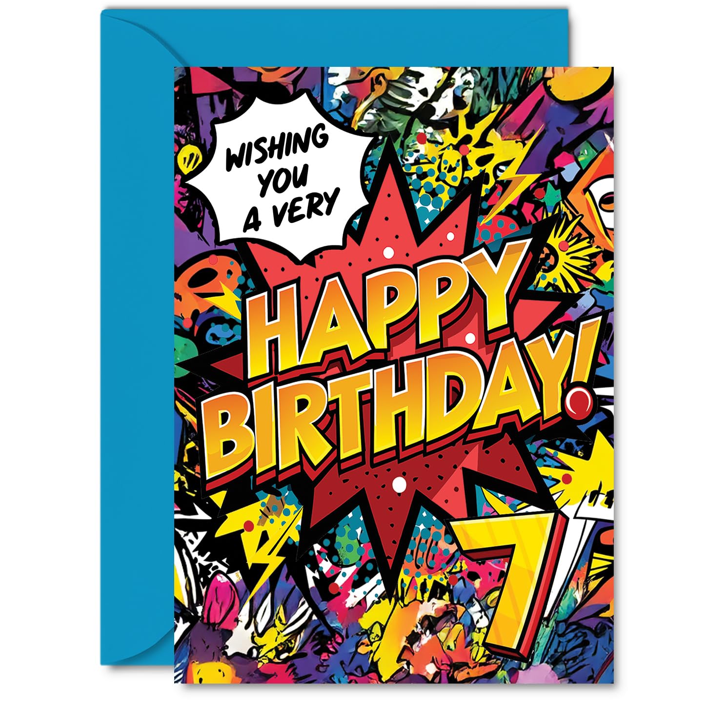 7th Birthday Cards for Girls and Boys, Comic Book Pow