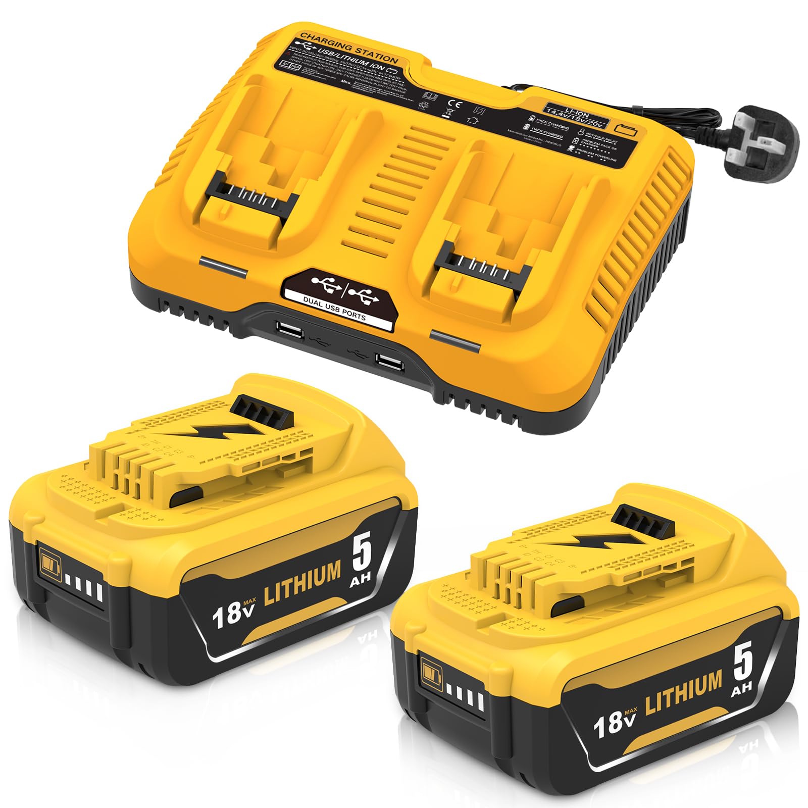 TOPBATT 2 x 5000mAh Compatible for Dewalt 18V batteries + 1 x Compatible batteries charger for Dewalt dual charger DCB102