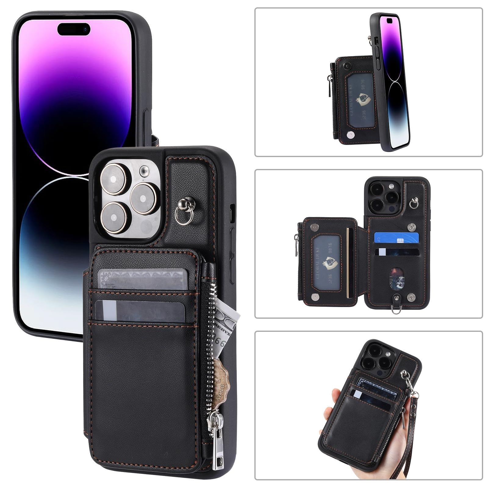 Genérico Funda para iPhone 16 Pro Max/16 Pro/16 Plus/16, Funda Piel Suave Al Tacto Funda con Ranura para Tarjetas Y Correa para La Muñeca, Resistente A Los Golpes Carcasa(Pink,16)