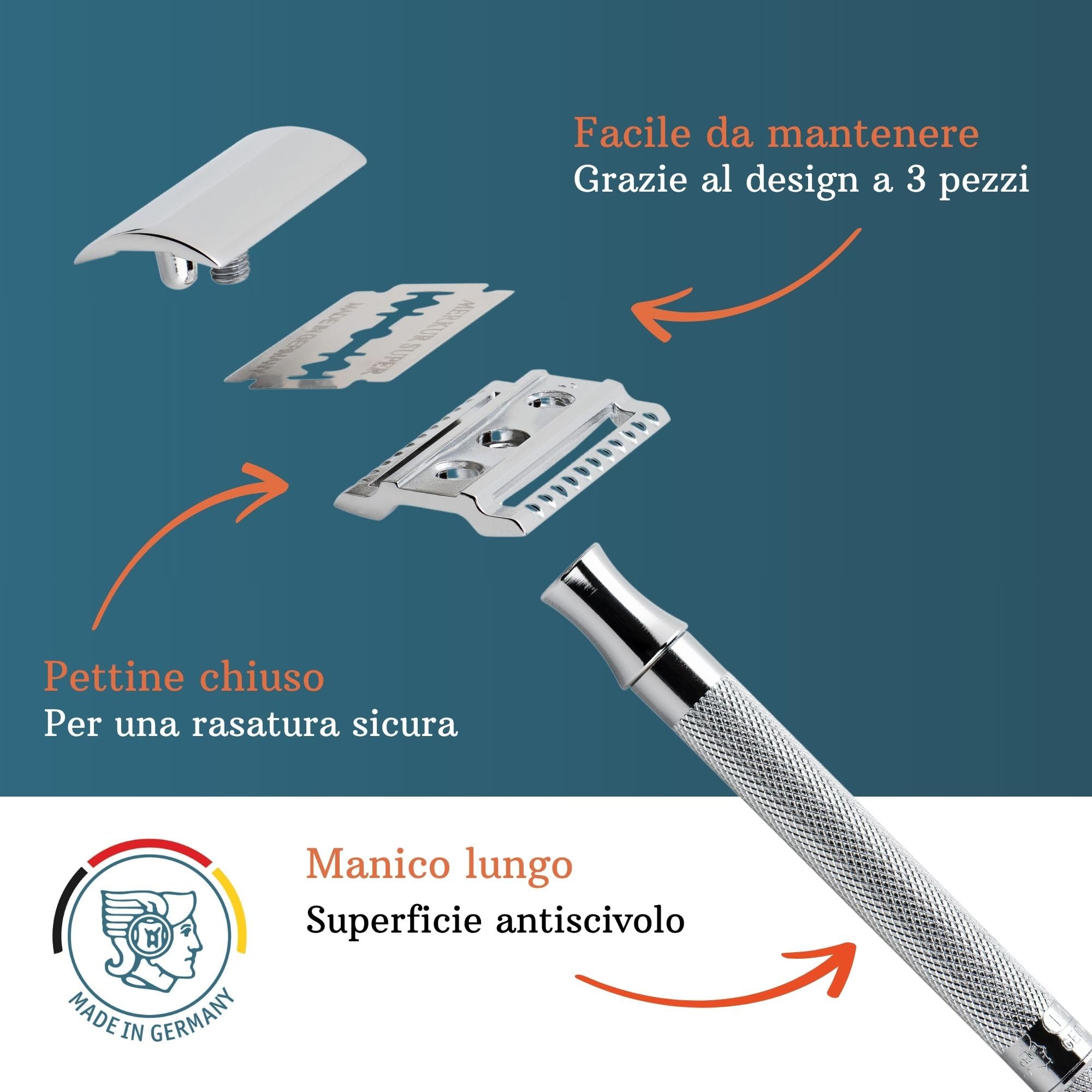 MERKUR 23C Rasoio di sicurezza – Finitura cromata lucida, manico lungo, struttura in tre pezzi, pettine chiuso, rasatura tradizionale – Made in Germany