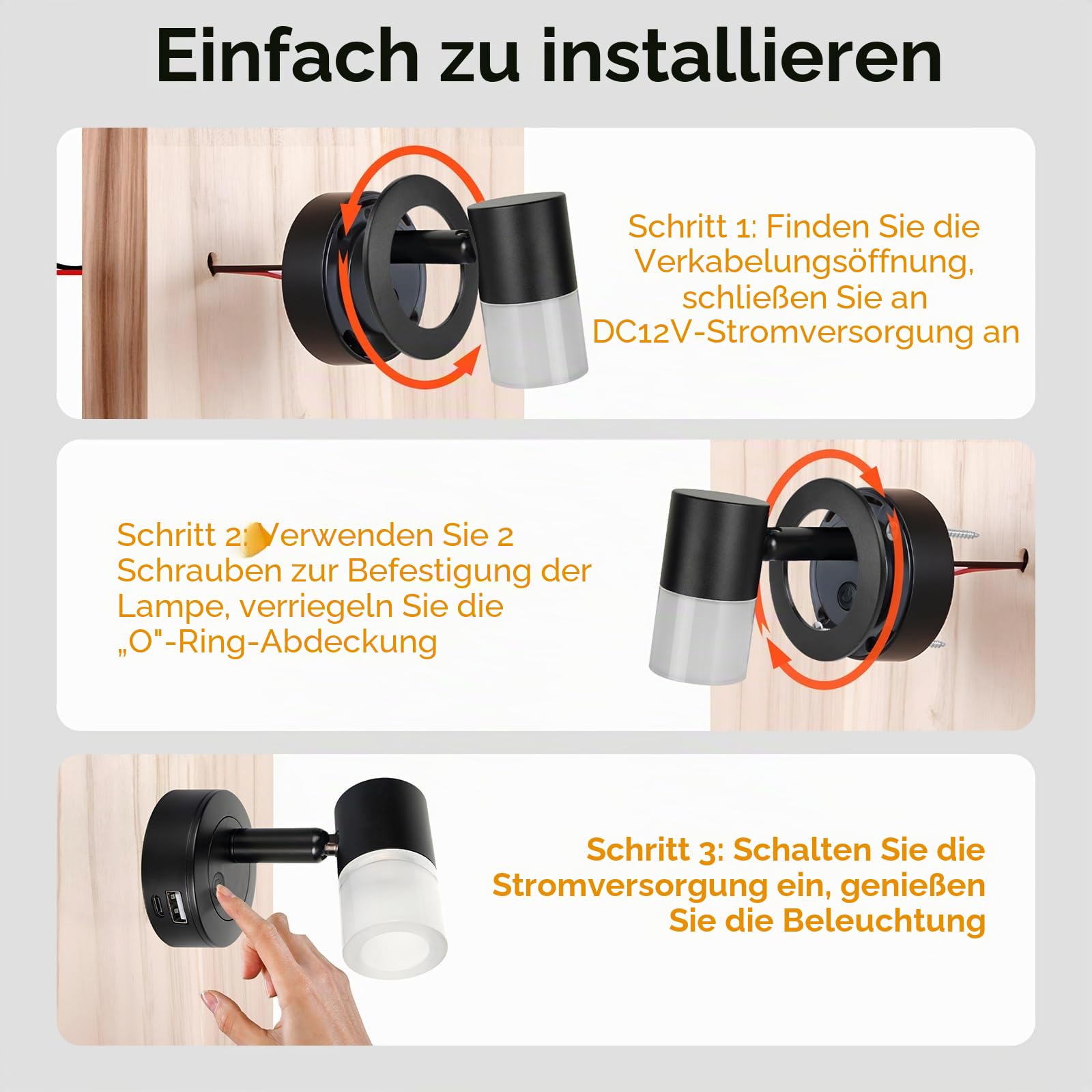 acegoo 12V Leselampe Wohnmobil LED Dimmbar Bett Lampe mit USB-Schnellladegerät, Acryl Spot 24VDC für Boot Wohnwagen Camper Van Yacht Innenbeleuchtung, Fest verdrahtet 3200K/rote Nachtlicht Schwarz