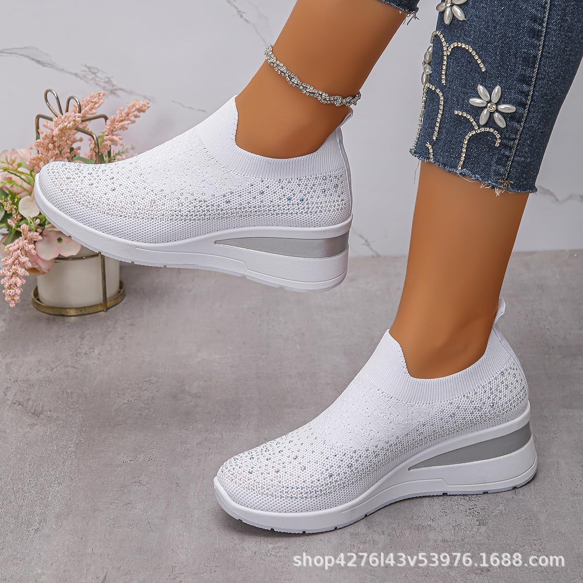 Zapatillas de cuña con diamantes de imitación para mujer