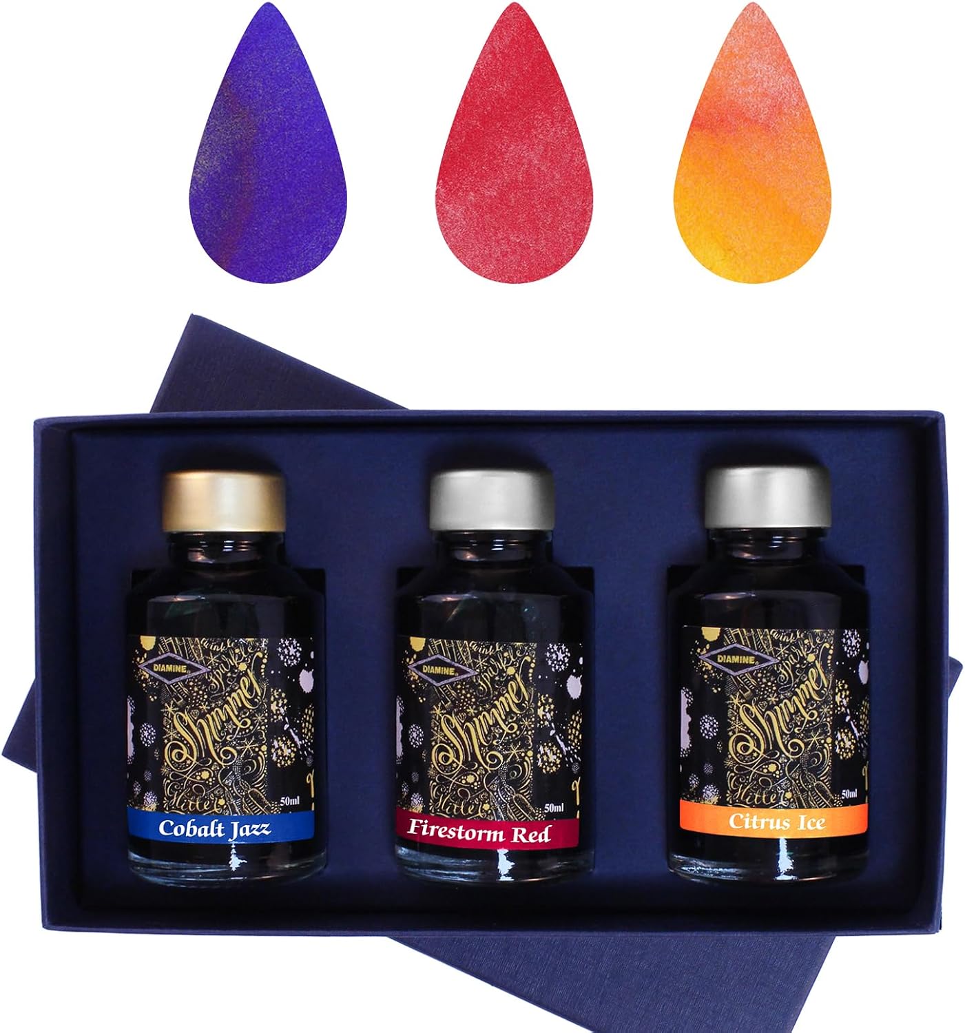 Diamine Christmas Colletion Ink Bottles 50ml with Sparkly Shimmer/Glitter Ink - Perfect Gift for Colleagues, Family & Friends Stationery Lovers! (Primary Collection)