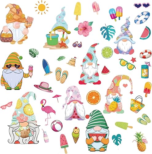 ORIGACH 9 hojas de 45 piezas de gnomos de Hello Summer para ventana, calcomanías de ventana de vacaciones de verano, puertas de vidrio, calcomanías