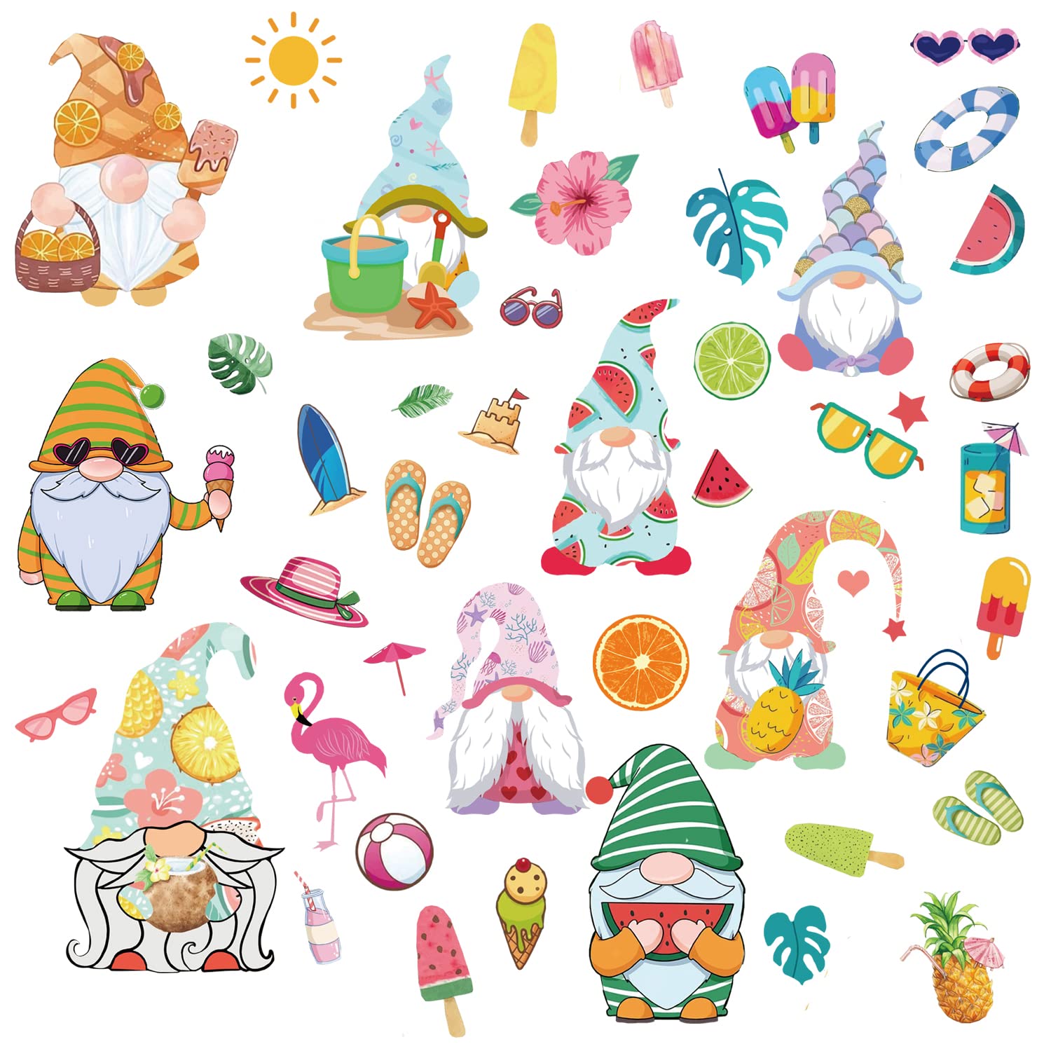 9 Sheets 45Pcs Hello Summer Gnomes Window Clings Summer Holiday Window Decals Glass Doors Window Anti-Collision Stickers for Living Room Glass Home Kitchen Glass Decor