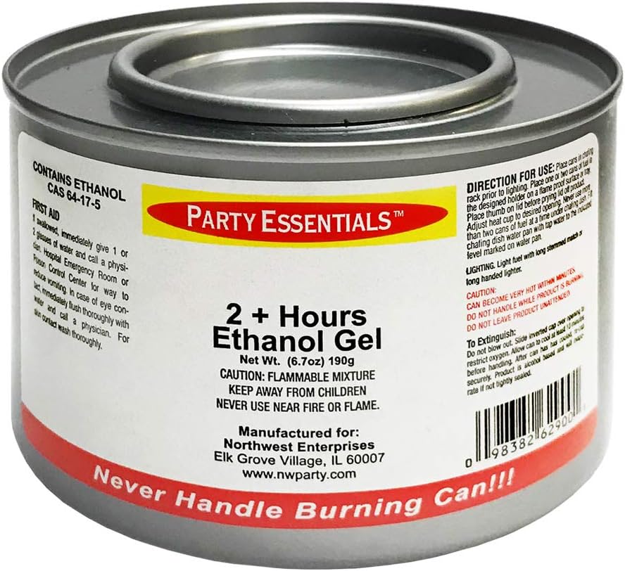 Party Essentials Chafing Dish Jelled Ethanol Warming Fuel, Safe Non-Toxic Fuel/Burn for 2.5 Hours/Buffet Warmer/Food Warming Heated Cans (Pack of 12)