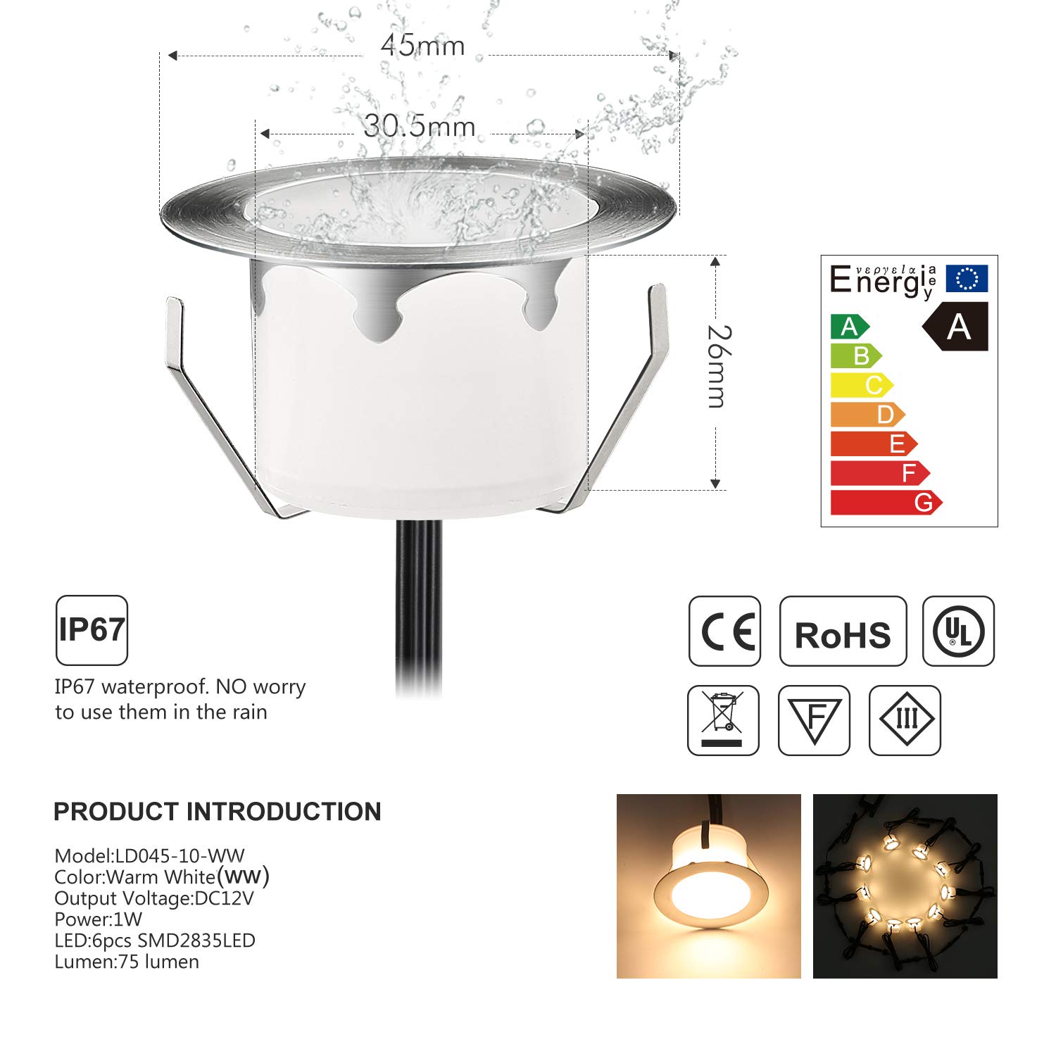 10er Mini LED Terrassen Einbaustrahler Außen, 12V 1W Warmweiß