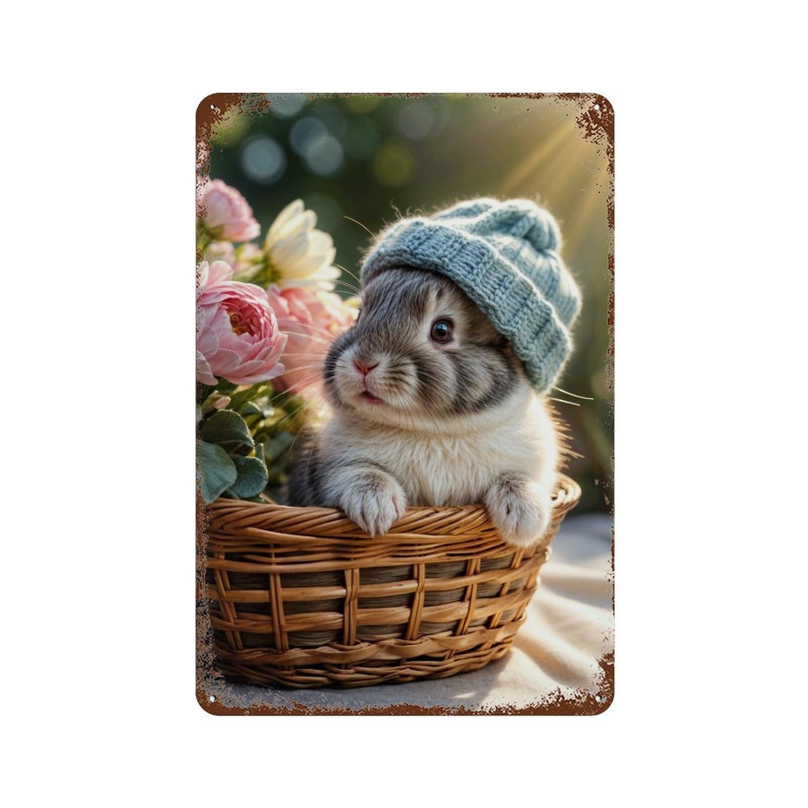Decorative Tin Sign with Cute Bunny in Basket with Flowers Design 11.8"x7.9", for Farmhouse, Kitchen And Entryway Decor, Decorative Metal Wall Art