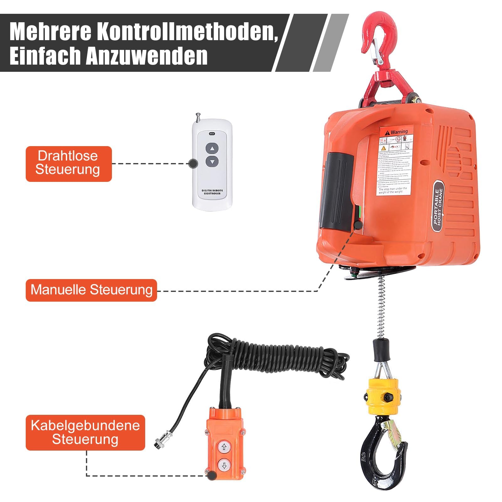 Elektrische Seilwinde 500KG 1500W 7.6M Hubhöhe mit Kabellose Fernbedienung Überlastungsschutz EU-Stecker 220V