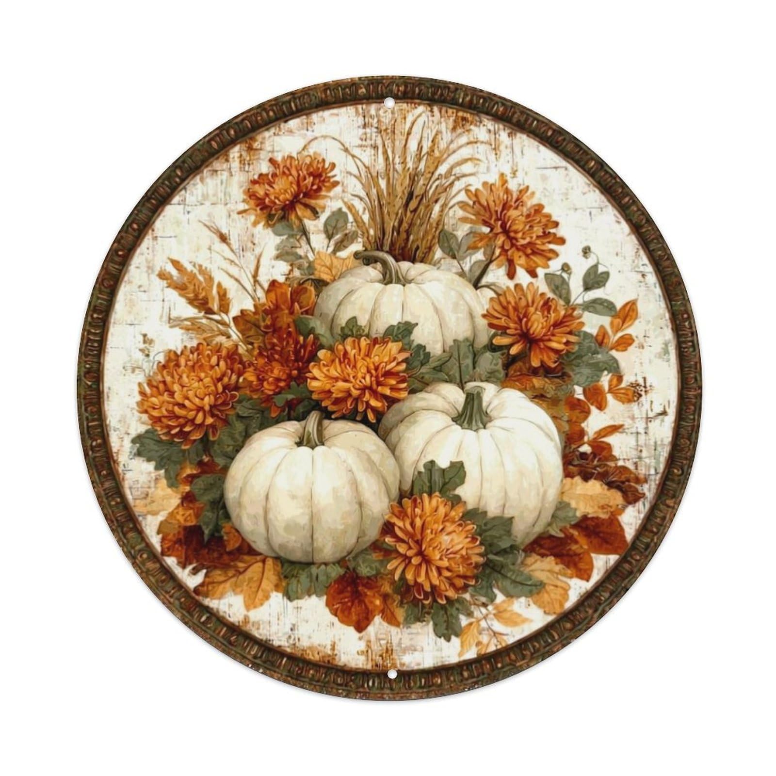 Autumn Pumpkins Flowers Leaves Harvest Retro Metal Sign Round Tin Sign, Vintage Decor Art Poster for Bar, Home, Man Cave, Kitchen, Laundry Room Gift 8x8Inch