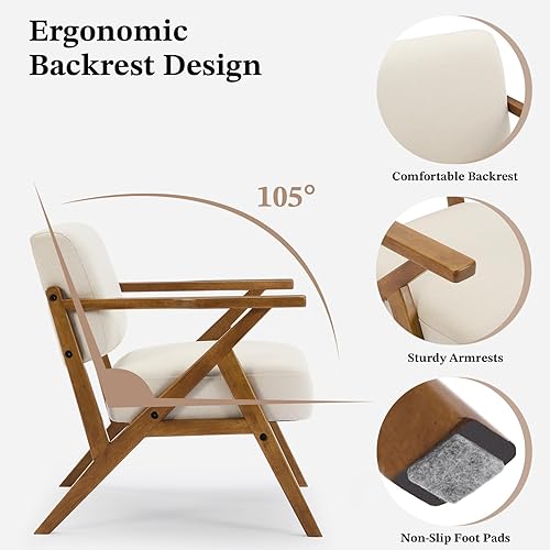 Miniatura 3 de Silla moderna de mediados de siglo, sillón tapizado beige con marco de madera maciza, cómoda silla de rincón de lectura, sillas de descanso para