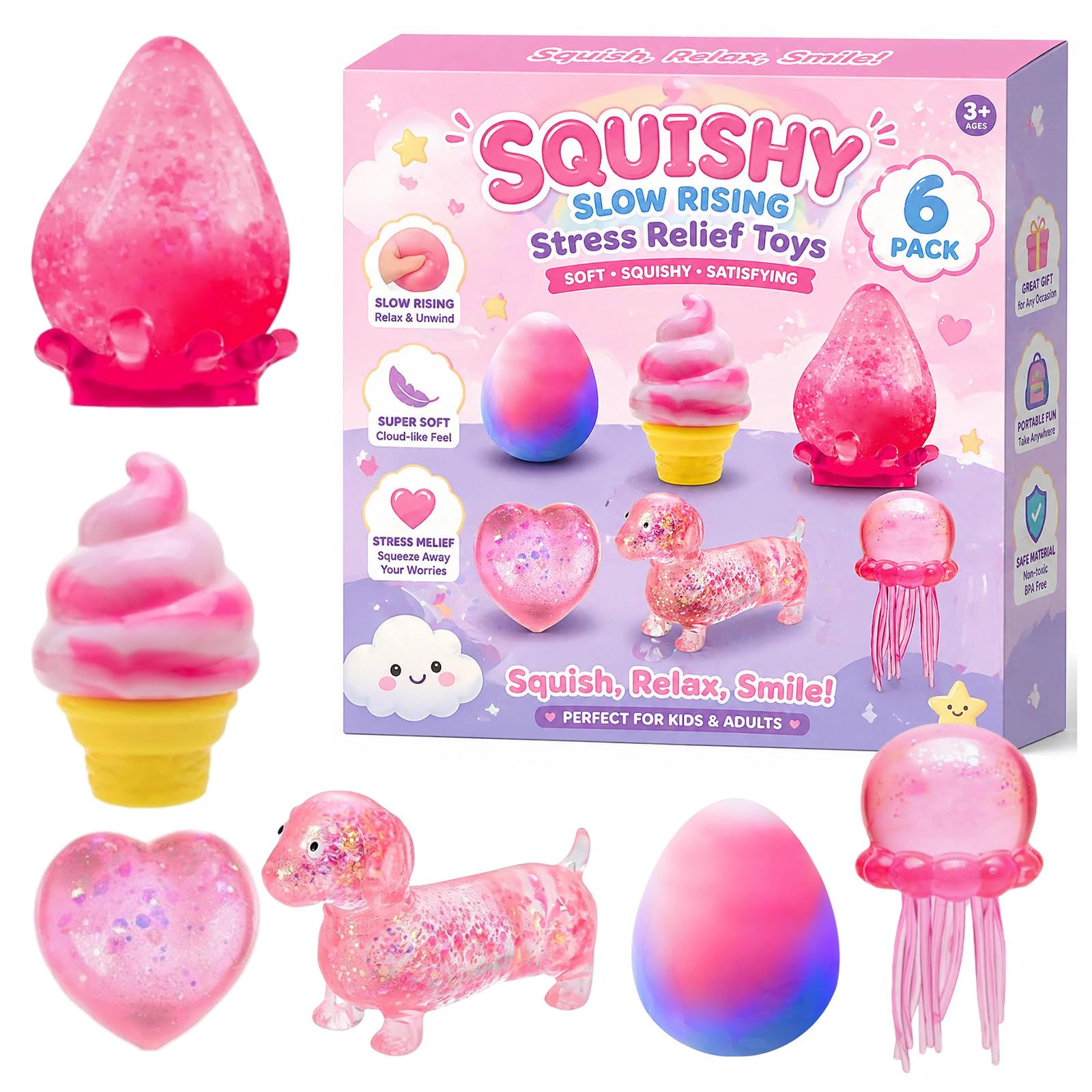 Stress Balls, Squishy Stress Balls Sensory Squeeze Ball for Kids Adults Squishy Fidget Toy Stress Relief Squishy Hand Exercise Balls Sensory Toys for Anxiety Alleviation (B（6pcs）)