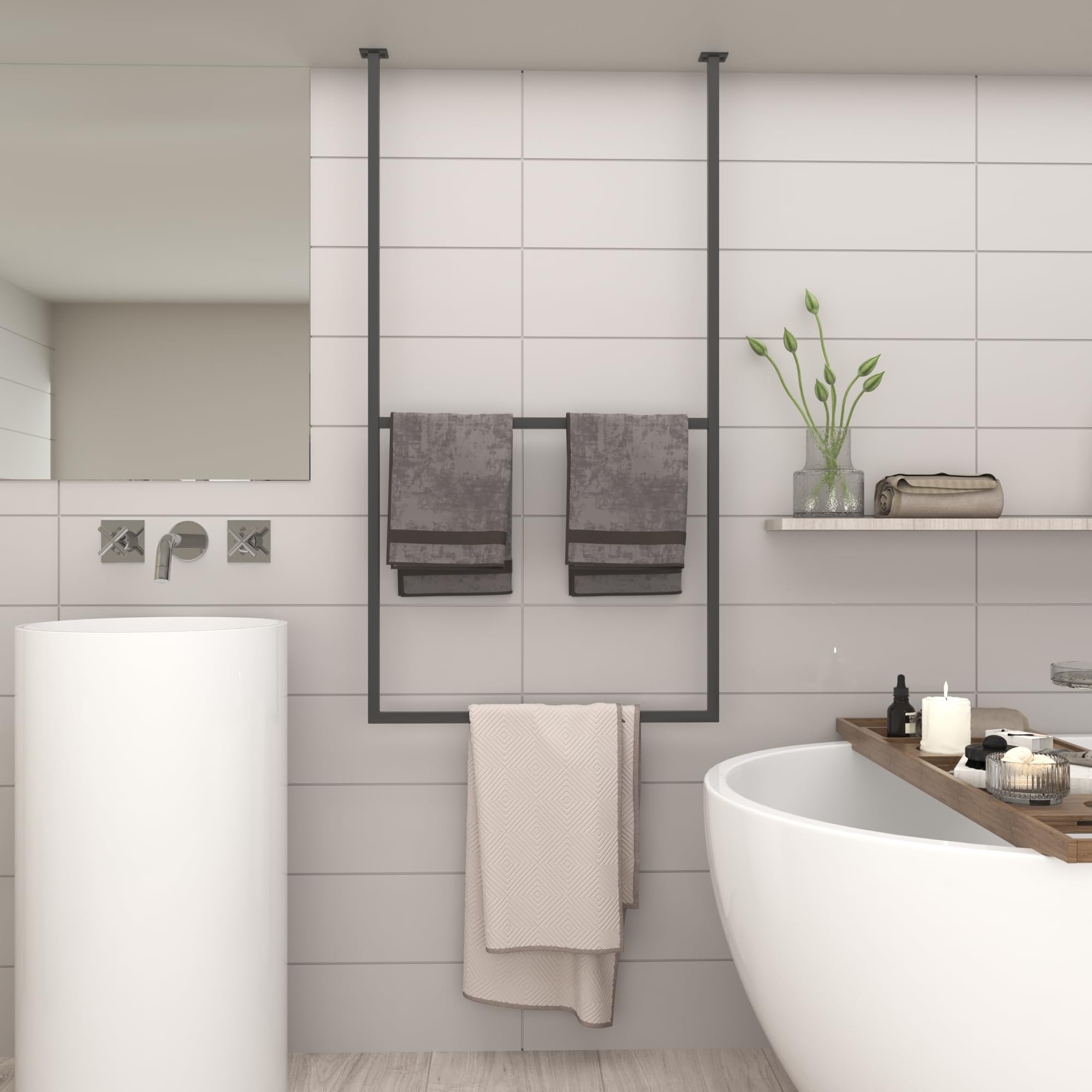 Modern Ceiling-Mounted Double Towel Rack – Stainless Steel, Black Finish, Space-Saving Vertical Design For Bathroom, Kitchen, Laundry