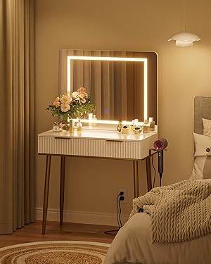 Tocador con espejo grande, tocador con iluminación LED, 3 luces de color ajustable, moderno tocador con 2 cajones, color blanco