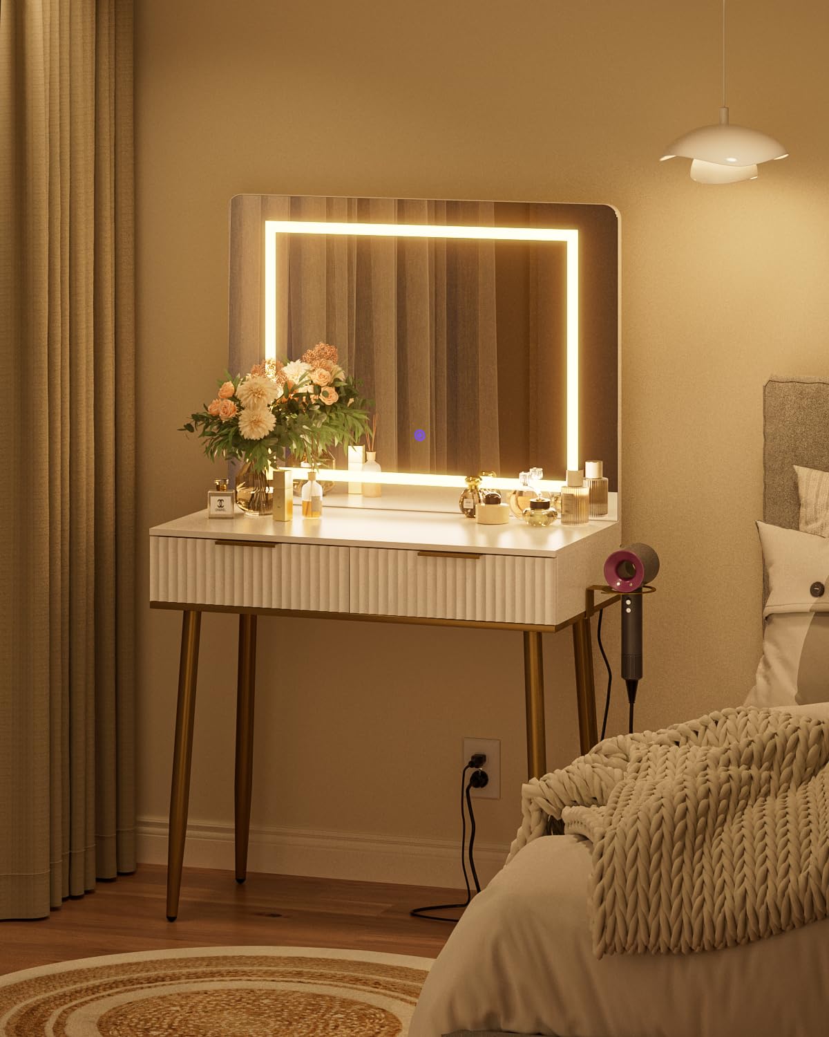 Apetaccat Dressing Table with Mirror, Dressing Tables, Dressing Table with Lighting Color Adjustable, Modern Cosmetic Table with 2 Drawers, White with Golden Legs