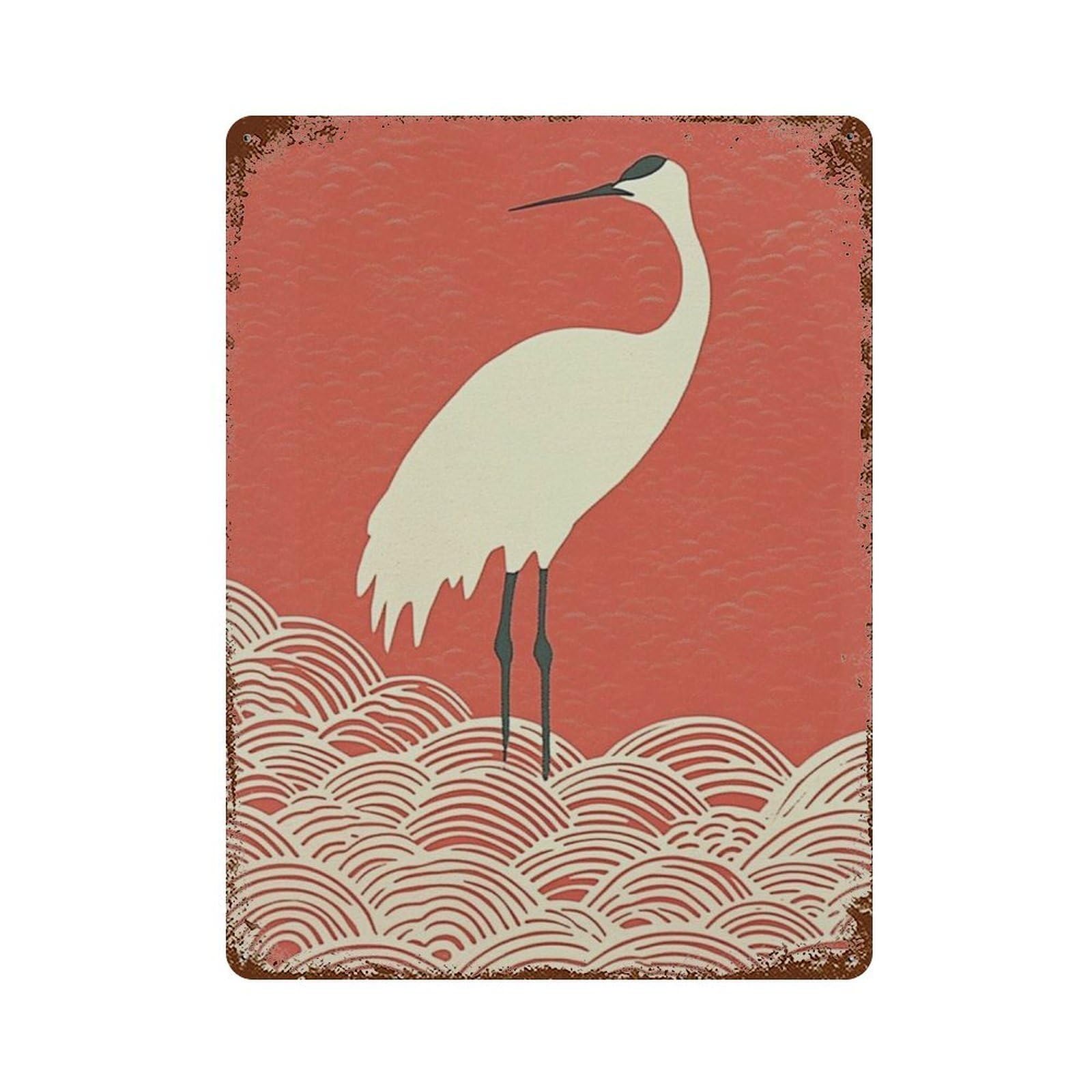 xiaoxiaoshen Japanese Crane Red Seigaiha Wave Minimal Bird Asian Wall Decor Art Metal Tin Poster Modern Home Decor Art Home Bar Shop Decorations Vintage Sign 40x30cm