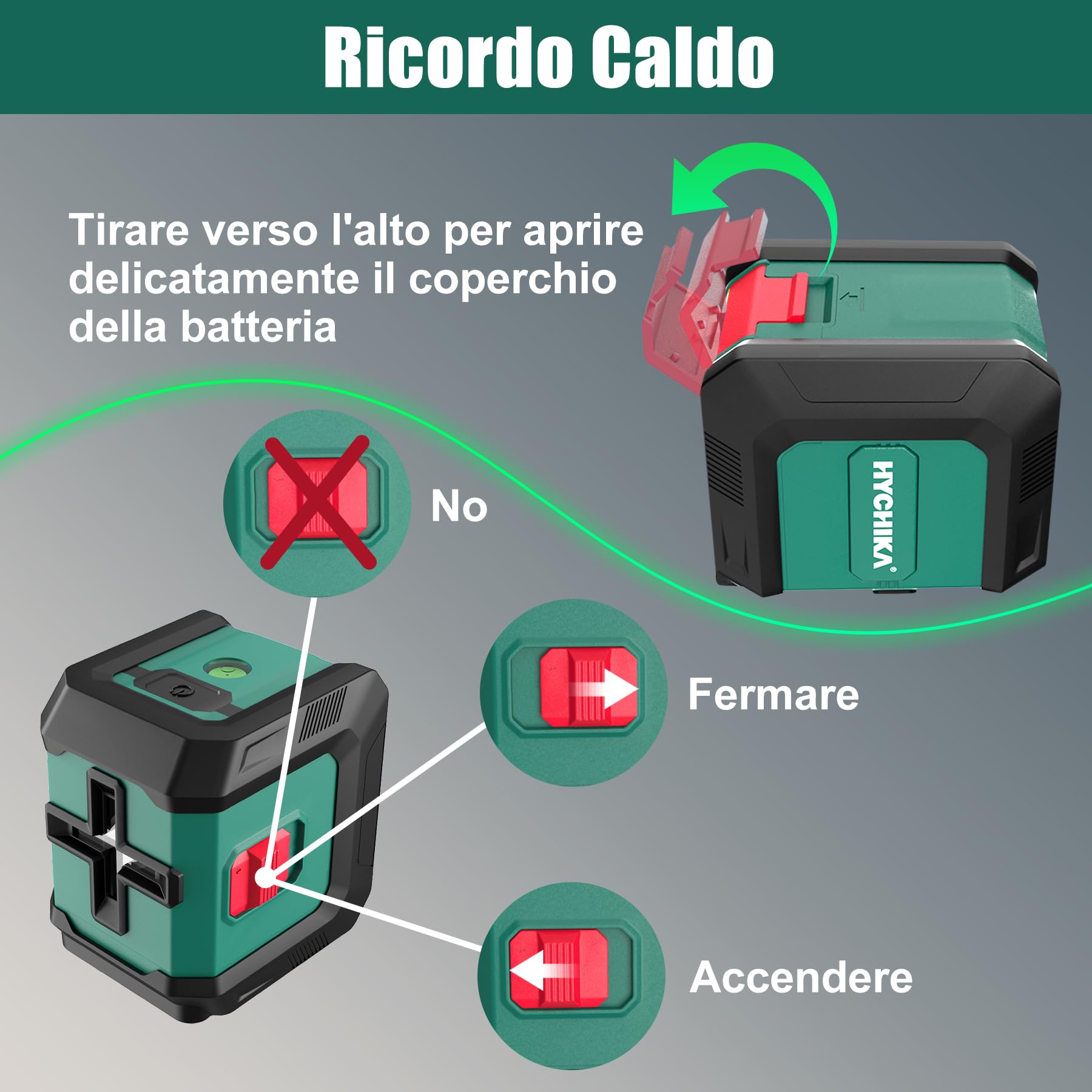 HYCHIKA Livella Laser Autolivellante, Livella Laser Verde Regolabile con 3 Livelli di Luminosità, Livello Laser 15M con Magnetica Supporto, 2 Batterie AA, Uso Interno ed Esterno