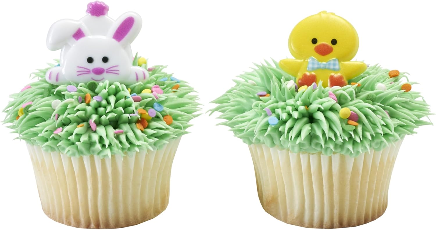 Duck & Bunny Easter Cupcake Rings, 24 Cute Spring Animal Cupcake Toppers, Food Safe Rabbit & Chick Cake Decorations - 24 Pack