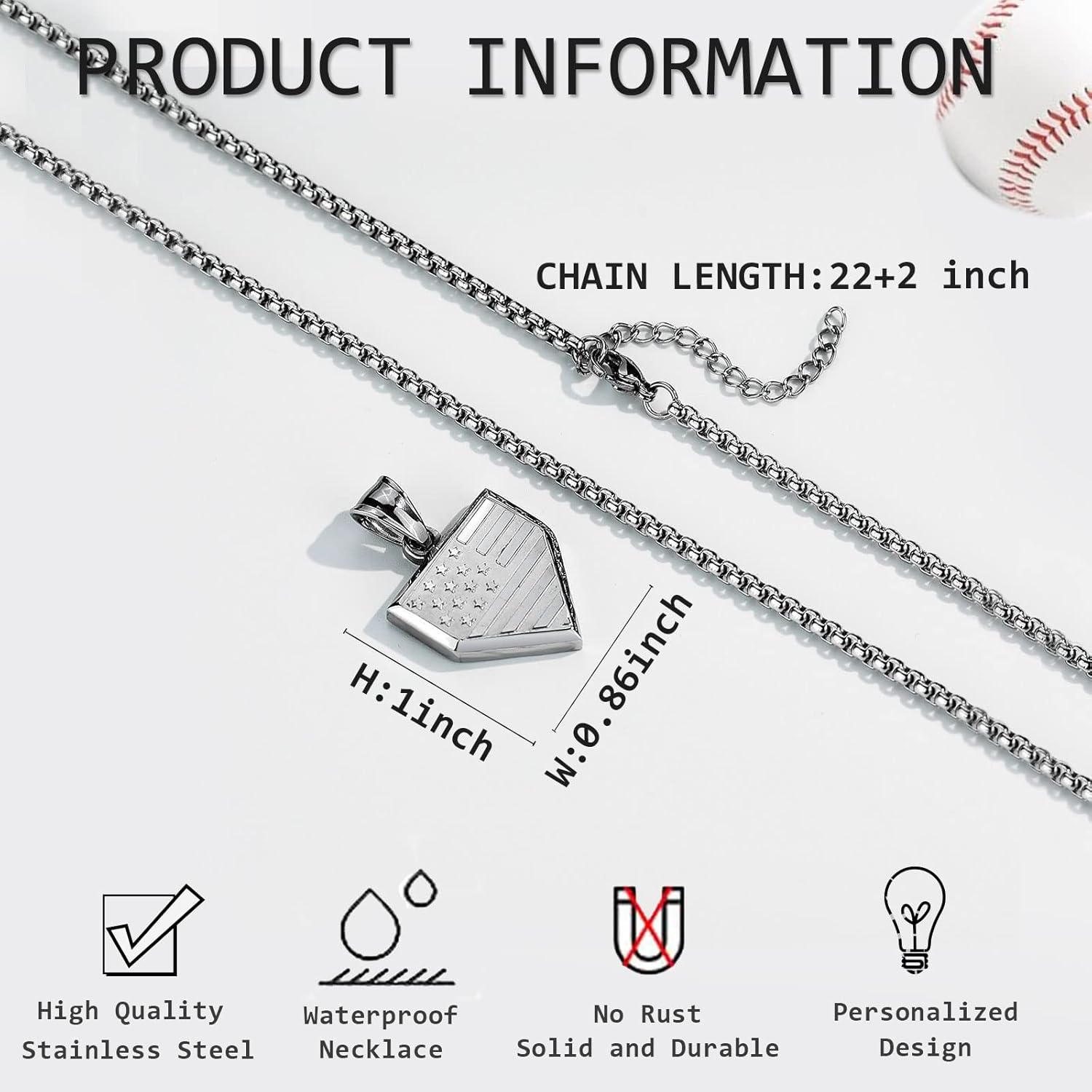 Baseball Home Plate Necklace for Men USA Flag Shield Pendant Stainless Steel Chain 22+2 inch Inspirational Bible Verse Baseball Gift Personalized Patriotic Jewelry for Men - Image 3